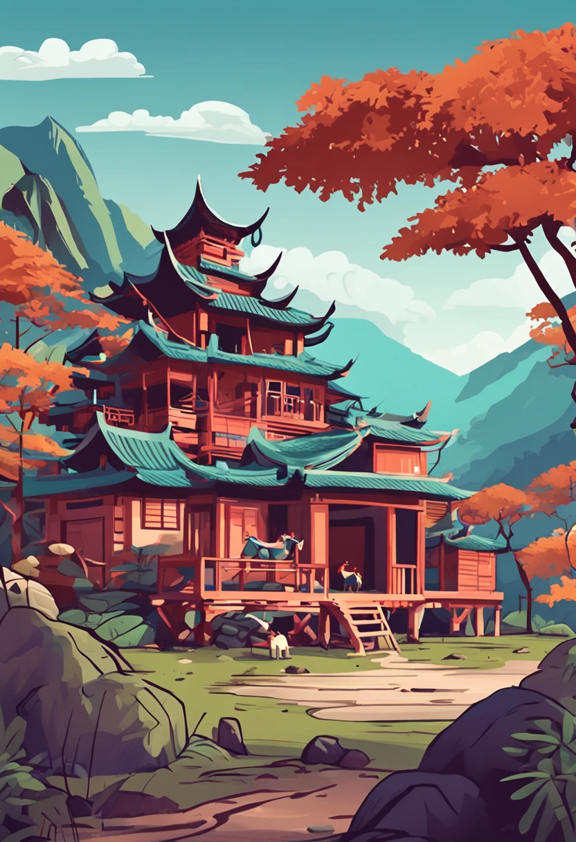 Scene of a Dai village, The background is a beautiful Dai stilt building,Ancient tea trees and mountains, Clean white background, Professional vector, Full shot, 8K resolution, Impressive illustration
