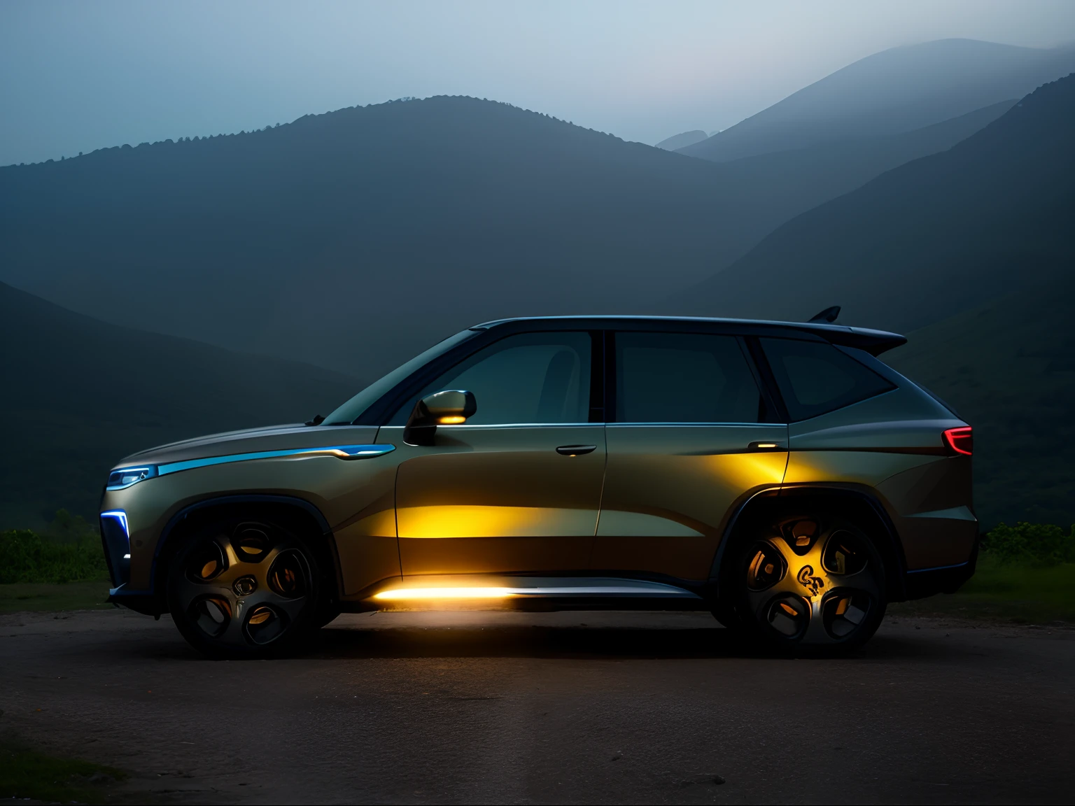 SUV，All-in-one medium grid，  tmasterpiece， Best quality at best， high qulity， realistic scene， A high resolution， Sharp， on focus， 4K， Very detailed， Ray traching， Shadow dynamics， Light dynamics， forest backgrou，Excellent image quality，The body line is tough。Straight waistline。lots of trees around，earthy。