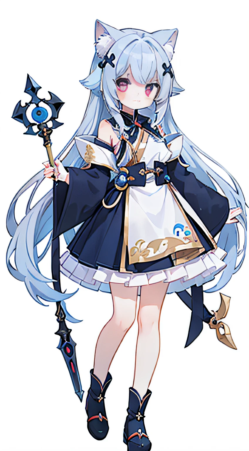 1 girl in、((full body Esbian、Standing Picture))、Blue-gray hair. bangs. Long bangs. Strange blue and red eyes. White Devil Taoist. holding a staff. Whole body. Confident expression. White boots. White background. only one girl. Cute girl. Vivid colors. [[[[[Cat's ears]]]]], [[[[[[Collapsed face]]]]]]