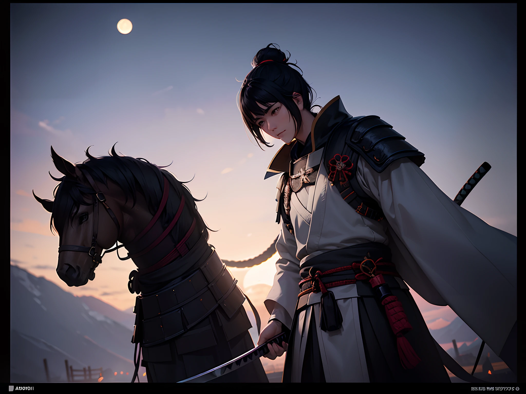 Lonely Samurai walking in darkness, After winning a battle, Holding his Katana in his hand, wrapped me around like a snake in the style of interstellar, masterpiece, highest quality, Big moon, night time, ((peace of mind)), lens flare high, shade, bloom, (darkness sparkles)), chromatic aberration], by TAKASHI, digital painting, animated art style, insane details, intricate details, Beautifully color graded, unreal Engine, Cinematic scene, Color Grading, Editorial Photography, Shot on 70mm lens, Depth of Field ultra High, DOF, Tilt Blur, Shutter speed 1/1000, F/22, texture quality Ultra High, Big Moon