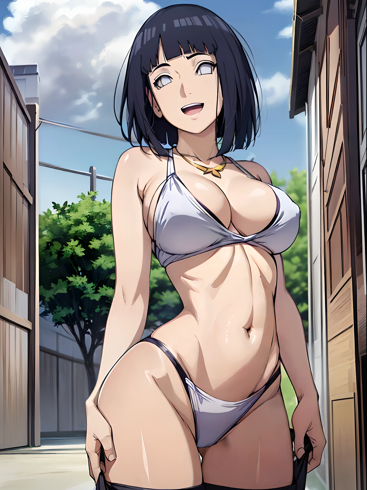 (WALLPAPER, masterpiece, 1k, anime style, standing, whole body shot, slender body, (milf, navel, groin, nip slip), contrast lighting, (detailed beach background, (big breasts, big boobs, open mouth, high color saturation, bold lines, bold drawing lines, (flat belly, groin), detailed bold arm lines), (detailed shoulders), strong light on body, plain, bare body, (large breasts, perky boobs), minimum clothing, (((taking off shirt))), bare shoulders, off-shoulders, bare chest, (very tight pure white tiny bikini, gold necklace, sport sneakers, chaps), no shirt, showing off), hinata\(boruto\), mature female, sunbathing, milf, (curvy:0.8), solo, (short hair, hime cut, extremely happy), (dark blue hair color:1.1), white, flat belly, perfect eyes, white sciera, white eyes, anime eyes, smoky eyeliner, eyeshadow, perfect face, sharp focus, professional artwork, intricate details, colorful, vibrant colors, vivid colors, digital blending, ultra detailed body, ultra detail hair, ultra detail face, trending on pixiv, kind smile, very hot colors, sunny day, outdoor,