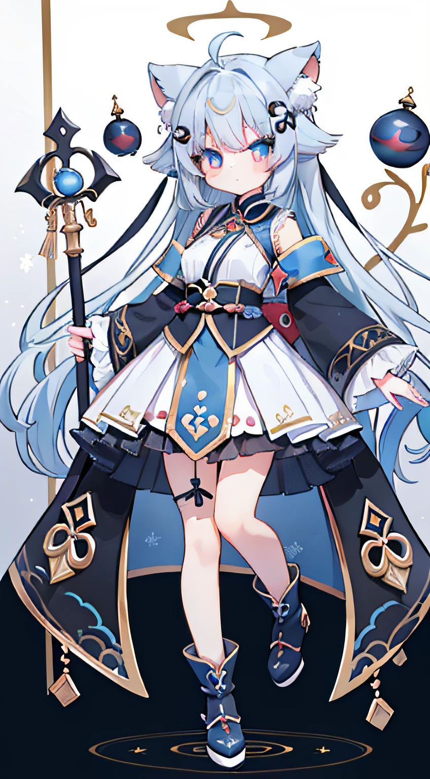 1 girl in、((full body Esbian、Standing Picture))、Blue-gray hair. bangs. Long bangs. Strange blue and red eyes. White Devil Taoist. holding a staff. Whole body. Confident expression. White boots. White background. only one girl. Cute girl. Vivid colors. [[[[[Cat's ears]]]]], [[[[[[Collapsed face]]]]]]
