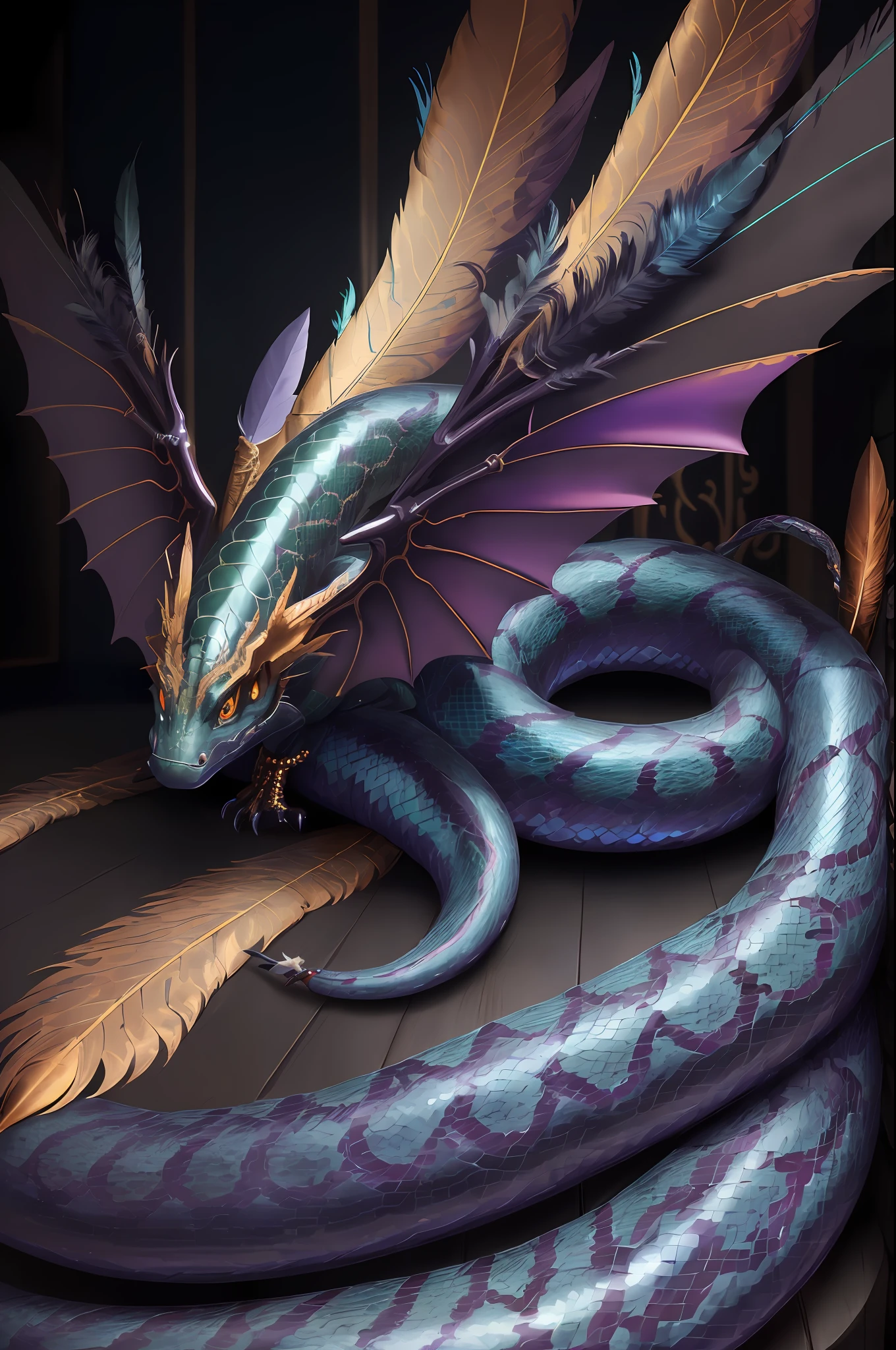 2d game art, dark fantasy, (mythical one creature serpent wings with feathers of the back:1.4), large sharp eyes, golden bright smoke eyes, floating in the sky, mythological god, associated illustration, multilayer, pyrography, add glass drawing, re add oil paint coloring, very beautiful and detailed painting, highly detailed detail texture, pencil drawing, digital coloring, dark palette, rich colors, concept art, official art, iridescent, dark intricate surface detail, 16k, absurd resolution, (best quality:1.4), holographic rendering, (no legs:1.5), (no arms:1.5), ultra quality, no humanoid,