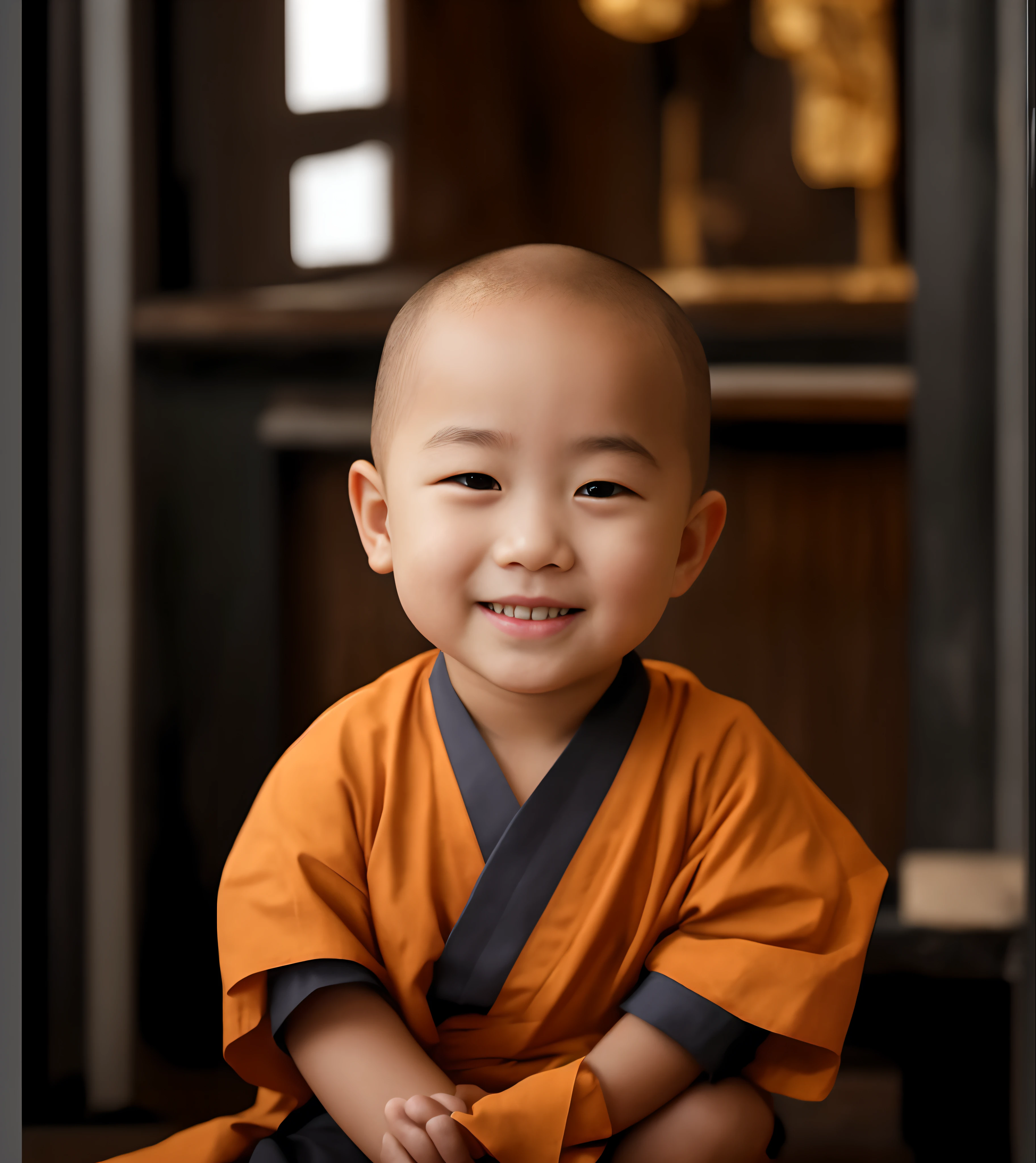 arafed baby sitting on the floor in a robe smiling, Cute digital painting, Portrait shooting, cute portrait, portrait of monk, Inspired by Hu Zaobin, color portrait, close up portrait shot, digital painted, Cute boy, monk, monk clothes, high quality portrait, Innocent smile, young child, close up portrait shot, a serene smile, buddhist monk, Buddhist