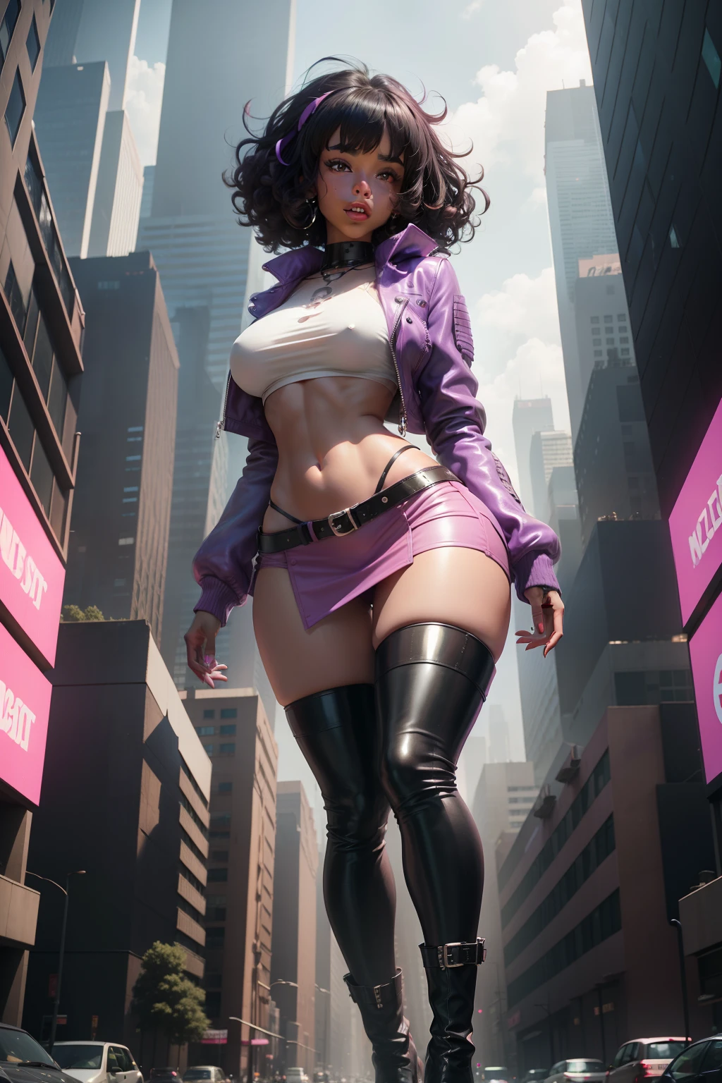 in front a huge scaly violet monster, a full body Lex a Beautiful woman, black curly hair, happy, fun, full of life, wearing a light pink leather jacket waist-coat, wearing a pink mini-skirt, and white ankle length go-go boots, surrounded By a giant ugly Monster, in a dystopian metropolis, she is thin, petite, small breasts, medium dark skin, surrounded By a giant scaly Monster, in a busy metropolis.