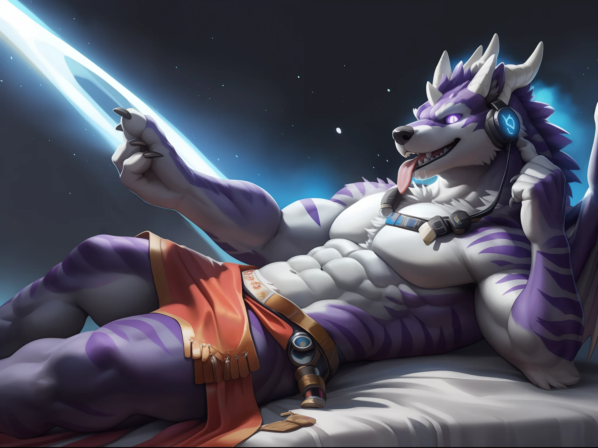 Solo, Male, (Muscular), sacrifices, (male anthro wolf):1.3, White flesh,nakeness,divinity,Wear white ear headphones,loincloth, (Kamimei):1.3, (komono:1.4) (DOA):1.23, Detailed eyes, lizard tail,A pair of dragon horns, A pair of dragon wings, Slim stature,((Full body like)), (Detailed eyes, Purple eye, White skin,Black-purple stripes,Sharp claws,Cute beast claws,glowing light eyes):1.1, (exteriors:1.35), inside in room,Futuristic style bedroom,Bright white light,Lie down in bed,submit to,Be red in the face,Open-mouthed,A lot of drooling,Stick out her tongue,Fluid spills from the lower body,Milk spilled all over the floor,clever,ssmile,Handsome(Particle,blue glowing):1.3,detailedbackground,realisticlying,realistic hand,8k hdr,(,Wide dynamic range,hdr,low-light:1.2),author(pino daeni,(author:by ruaidri),author:virtyalfobo)
