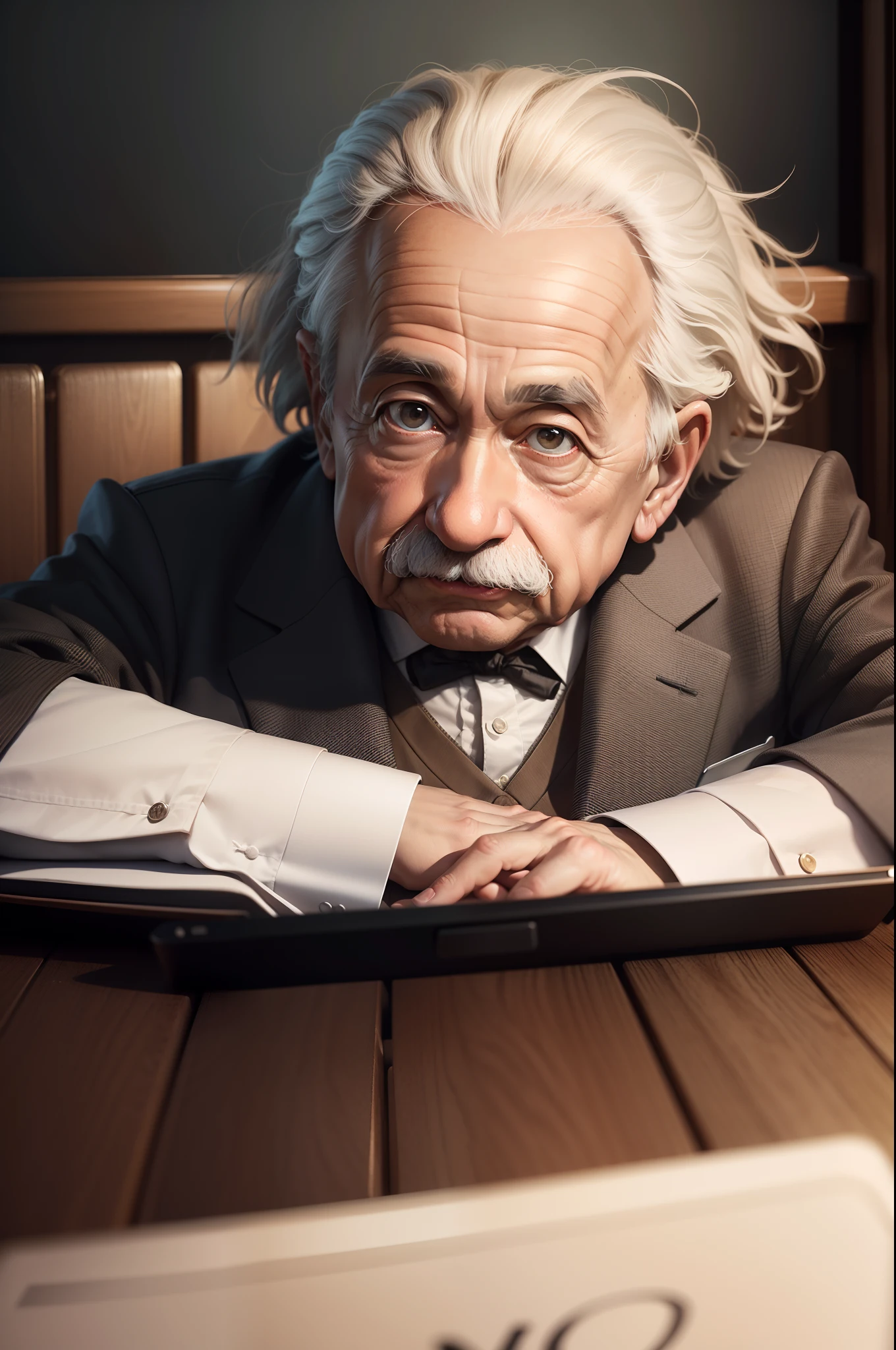 They are one sitting at a table with a laptop, Albert einstein, scientist, [ photos realistic ]!!, Professor of Calculus, portrait shot, Portrait of Albert Einstein, professor clothes, 3dcharacter, looks realistic, Very surreal,