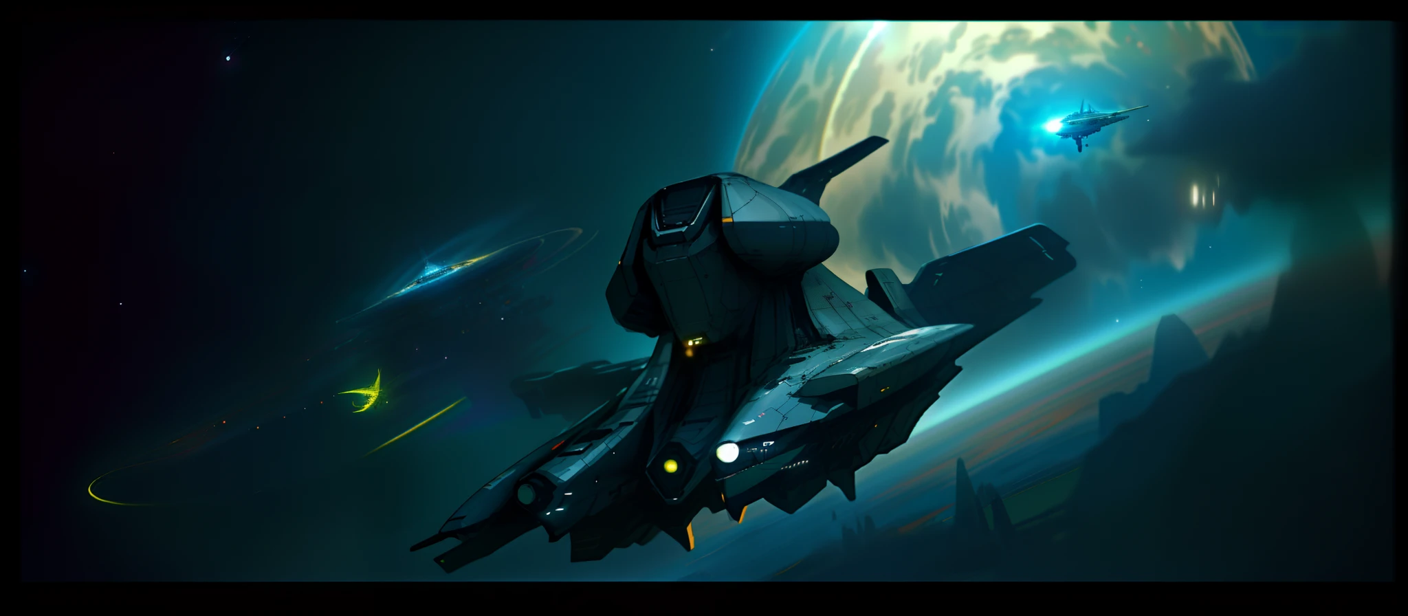 Close-up of a spaceship flying in the sky,with a planet in the background, an epic space ship scene, depicted as a scifi scene, cinematic scifi shot, in a scifi movie, Epic science fiction movie stills, Epic sci-fi movie stills, from a 2 0 1 9 sci fi 8 k movie, wide shot of a spaceship battle, New science fiction films, alien spaceship