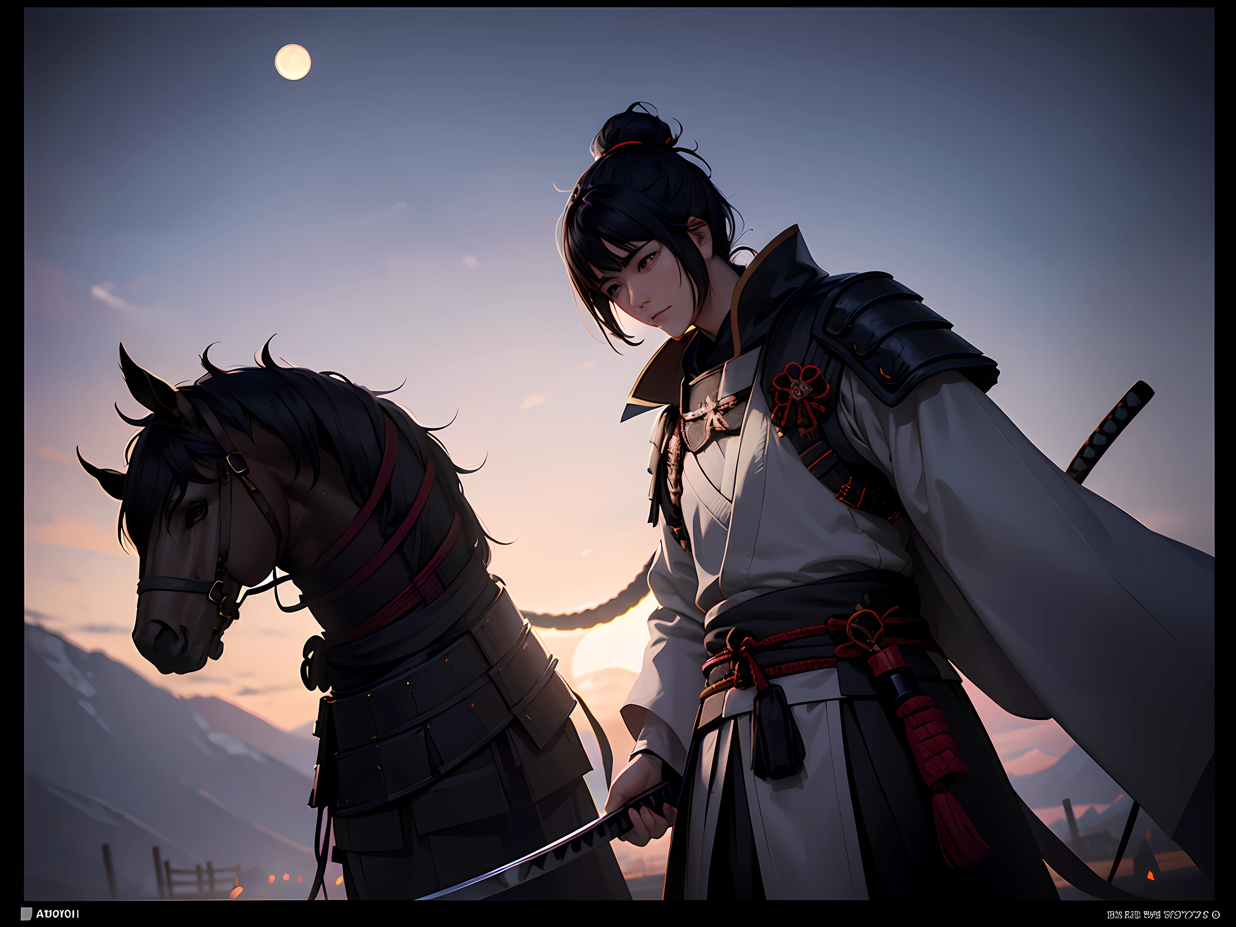 Lonely Samurai walking in darkness, After winning a battle, Holding his Katana in his hand, wrapped me around like a snake in the style of interstellar, masterpiece, highest quality, Big moon, night time, ((peace of mind)), lens flare high, shade, bloom, (darkness sparkles)), chromatic aberration], by TAKASHI, digital painting, animated art style, insane details, intricate details, Beautifully color graded, unreal Engine, Cinematic scene, Color Grading, Editorial Photography, Shot on 70mm lens, Depth of Field ultra High, DOF, Tilt Blur, Shutter speed 1/1000, F/22, texture quality Ultra High, Big Moon