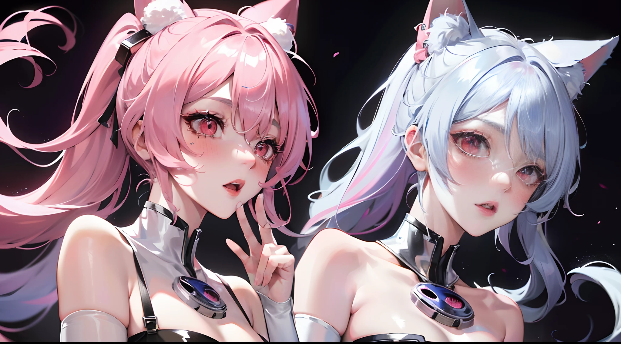 (beautiful lovely Korean people:1.3),South Korean beauties,Delicate and beautiful hair and eyes and face,realisticlying,ultra - detailed,a beauty girl,blue-sky,Glowing white particles,(side-lighting:1.2),Silver hair, Pink hair, kemonomimi mode, Red eyes, full face blush, surrealism, futurism, Super detail, hyper HD, 16k, High details, Textured skin, silver hair, pink hair, kemonomimi mode, red eyes, full-face blush, Surrealism, Futurism, super detail, UHD, 16k, high details, textured skin
