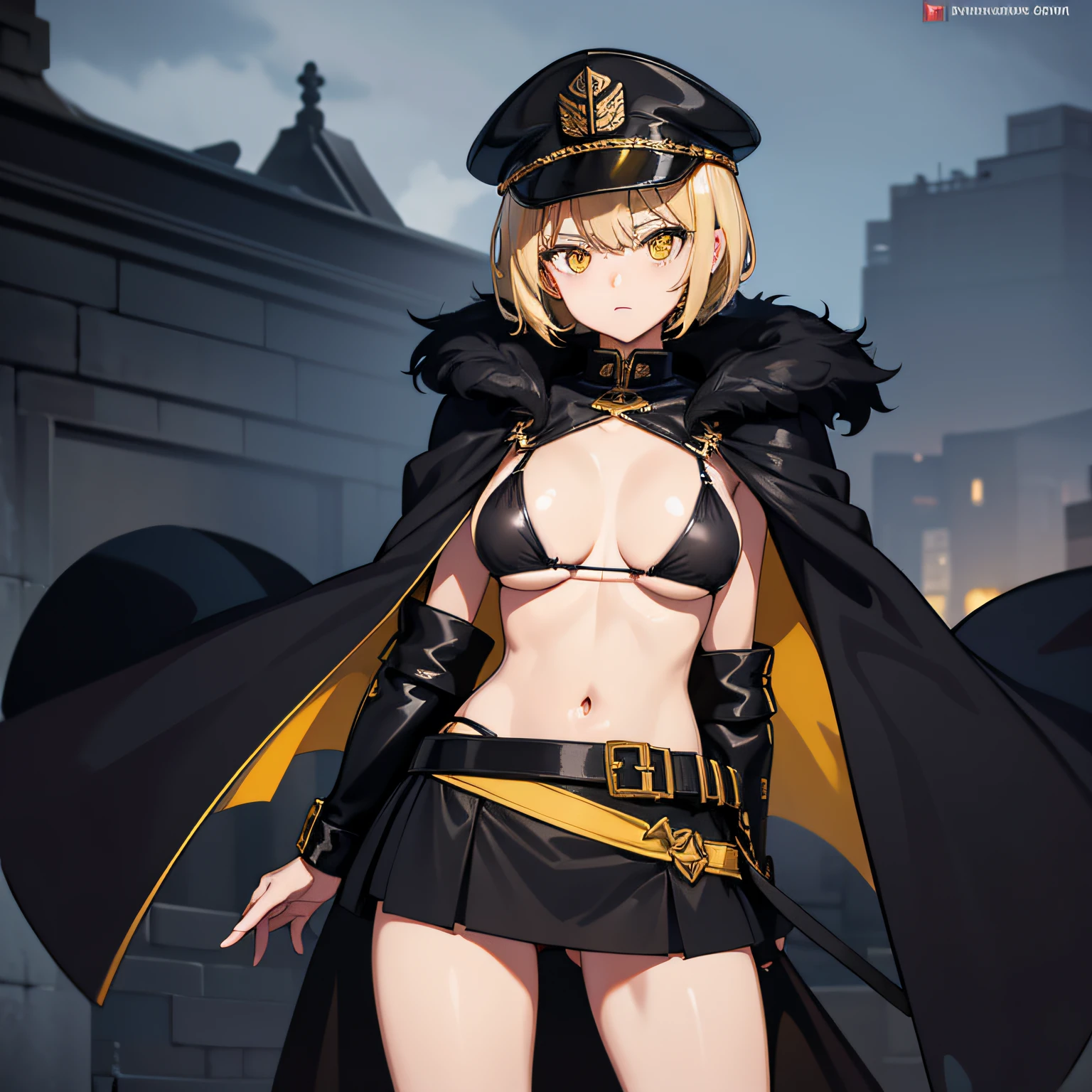 top-quality、extremely delicate and beautiful、femele、Wearing a black cloak。Colossal tits、Black Bikini Bra、Yellow military cap、Thunder properties、a blond、short-haired、Yellow eyes、Navel、Black miniskirt、Belt at waist