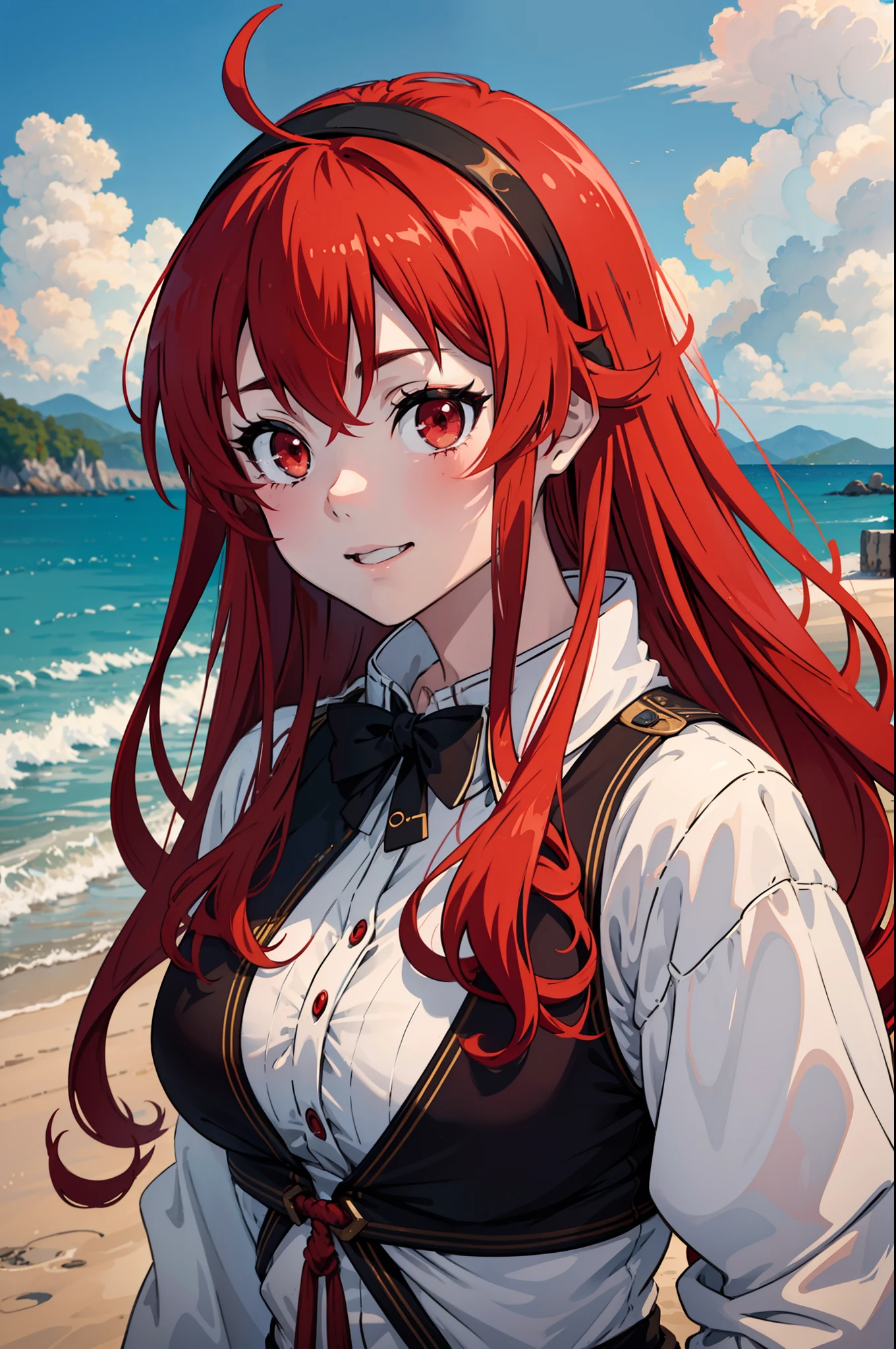 upper body, 1girl, Eris Greyrat, red hair, red eyes, ahoge, hairband, bikini, white bekini, outdoor, beach, clouds, sea, water, smile, close mouth, masterpiece, high detailed illustration, high detailed background, hi-res