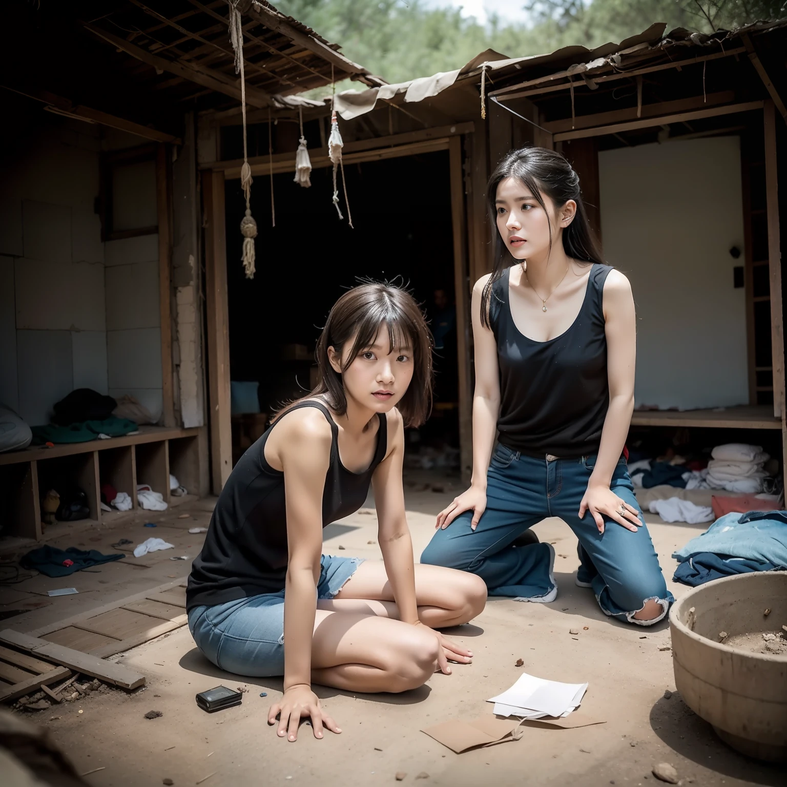 Two women sitting on the ground in front of a house - SeaArt AI