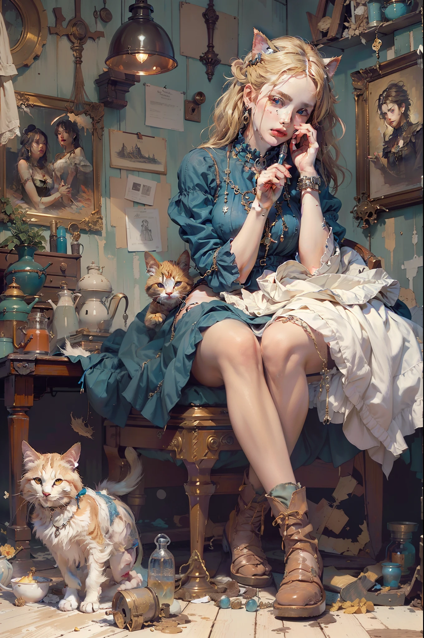 Top image quality、masterpiece、an oil painting、Norman Rockwell's style、 beautiful a girl、The iris is blue、Cute little face、Light makeup、Cat's ears、blonde hair in braids、Luxurious necklace around the neck、tiny chest、Big buttocks、sitting on、portrait of a full body、alchemist、She holds a magic wand in her right hand、 Long dress in Gothic style with intricate decoration、Leather boots、Messy Alchemy Lab、Machine wreckage crowded together、abajour、Blue light leaks from the room at the end of the hallway behind you from the next room、Desolate castle、Moonlight shining through the window、mid night、thirds rule、low angles
