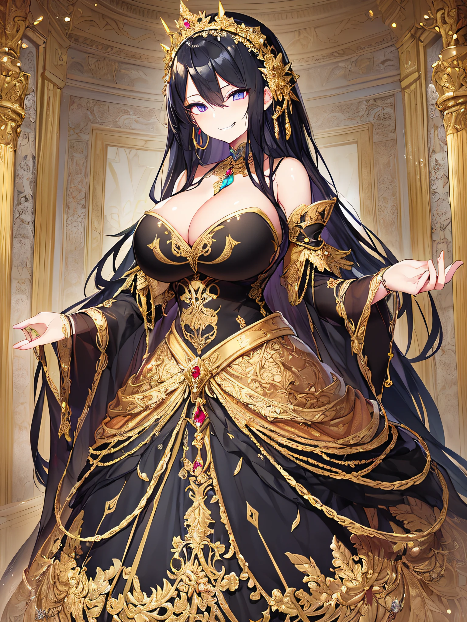 ((anime artstyle)),(Masterpiece),(Best Quality),(Super Detail),(Very Delicate and Beautiful),Solo,(((full body))),from above,BlingBling,(standing in the royal palace),((1 arrogant princess in beautiful embroidery black and gold gorgeous rococo ballgown with voluminous full length hoop skirt)),(crinoline),gorgeousfull embroidery,Long train,((arrogant,haughty)),(((arrogant smile))),Sharp eyes,(gorgeous gemstone jewelry),detailed face and eyes,jewel-like eyes,Purple eyes,(Bangs between eyes),((large amount of straight hair,extremely Long voluminous black Hair)),((gigantic tits,Long tits)),gorgeousfull embroidery,cleavage,extremely gorgeousfull hair ornament,(bling-bling extremely gorgeousfull jeweled tiara),gorgeous corsage,(Dynamic Angle),Looking at viewer,(((full body))),((beautiful embroidery black and gold gorgeous rococo ballgown with voluminous full length hoop skirt))