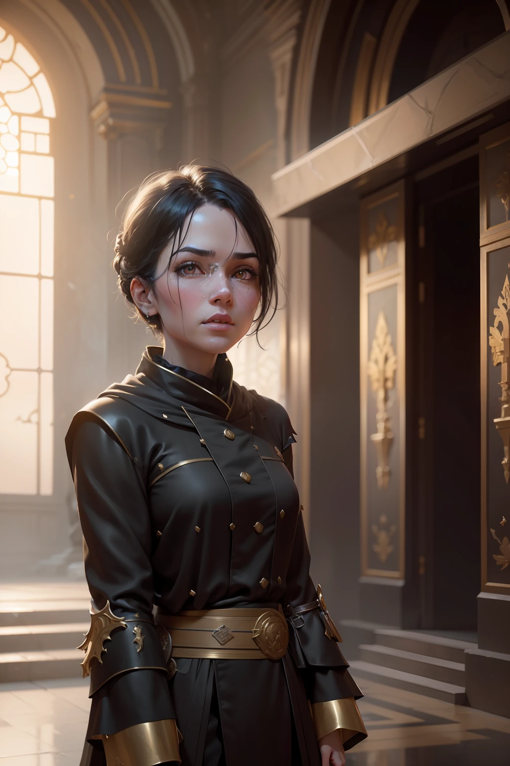 1Girl, stern look, 6th Century catastrophe, post-apocalypse, solo focus, adult, pale and young adult face, short black hair, black silk robe with golden lining, palace, realistic, dynamic pose realistic, detailed and correct facial structure, dark atmosphere, blades ornaments, Beutiful, attractive, slightly muscular, cinematic lighting, unreal engine, trending on ArtStation, intricate details, masterpiece, best quality, by Irakli Nadar, Greg Rutkowski,(((best quality))),(((ultra detailed))),(((masterpiece)))