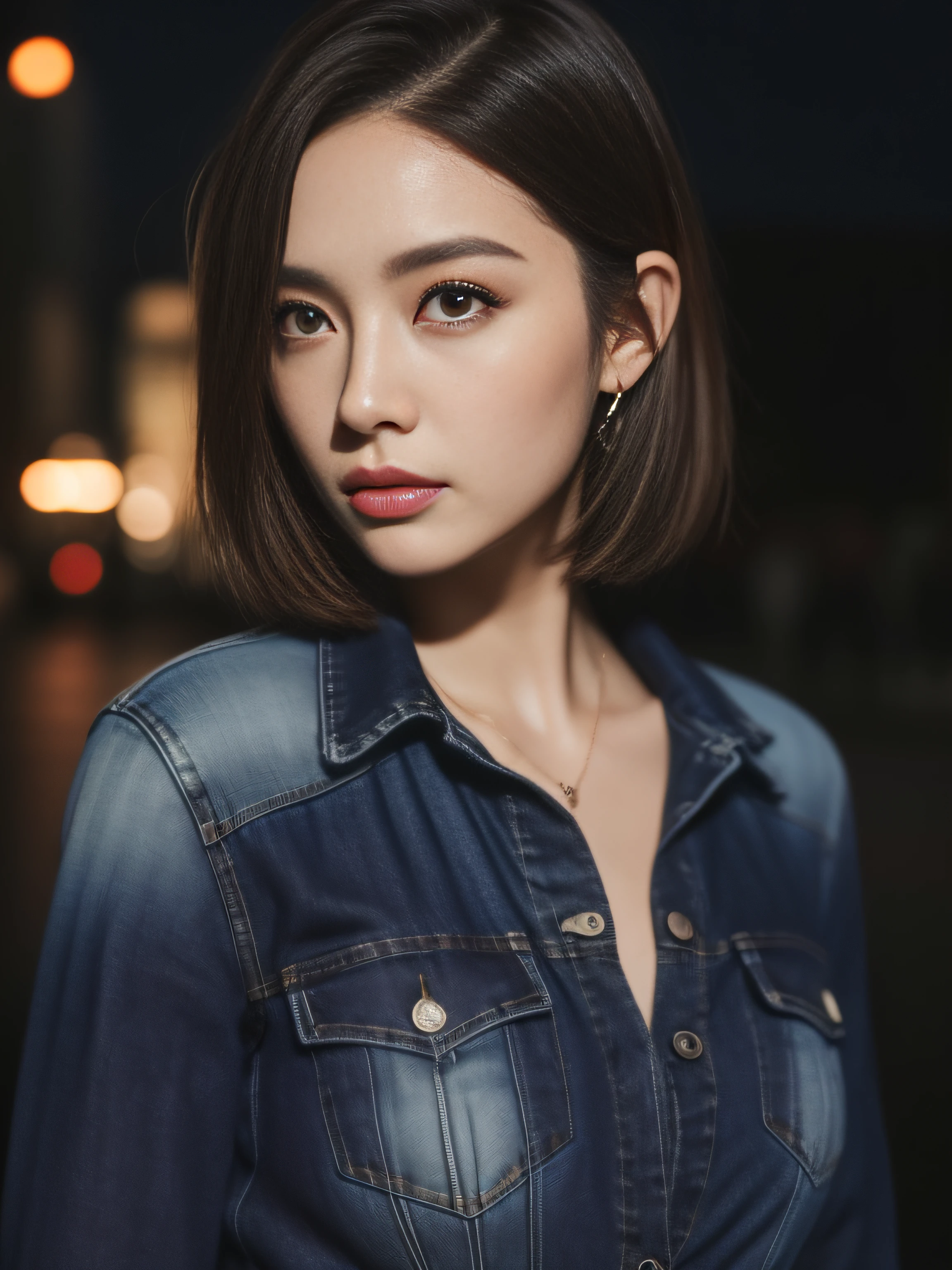 ((Best Quality, 8k, Best Masterpiece: 1.3, 8KRAW)), Woman One, Full Body, Perfect and Slender, Random Short Hair, (Blouse, Jeans: 1.1), Awesome, Super Detailed Face, Cool Woman, Cool Face, Detailed Lips, Detailed Eyes, Double Eyelids), Night City, Bright Lighting, Overhead View,