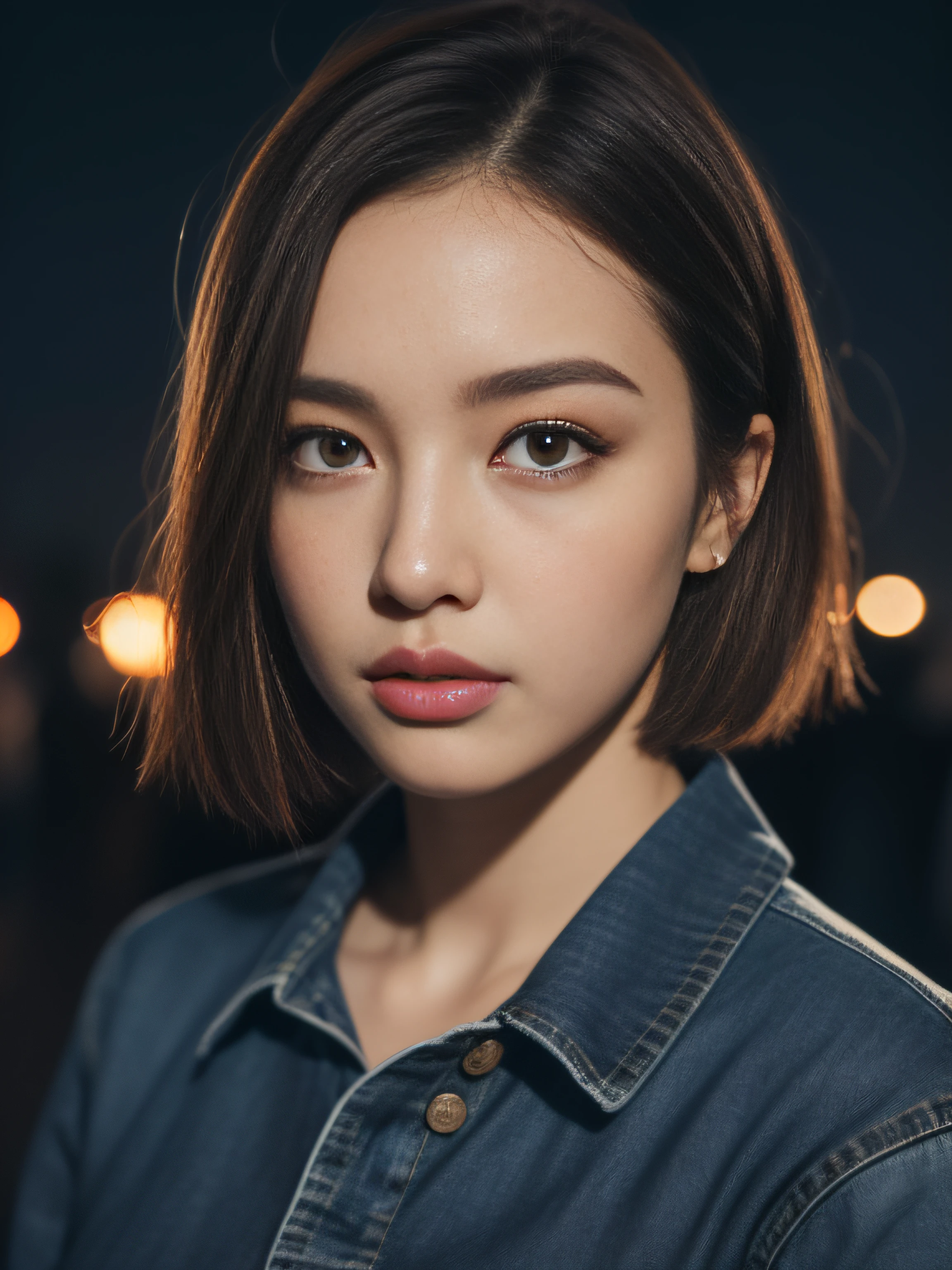 ((Best Quality, 8k, Best Masterpiece: 1.3, 8KRAW)), Woman One, Full Body, Perfect and Slender, Random Short Hair, (Blouse, Jeans: 1.1), Awesome, Super Detailed Face, Cool Woman, Cool Face, Detailed Lips, Detailed Eyes, Double Eyelids), Night City, Bright Lighting, Overhead View,