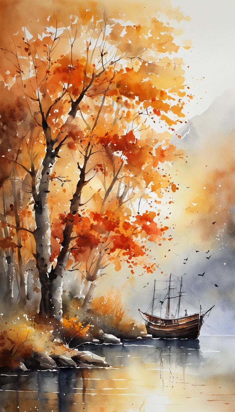 tmasterpiece, top-quality, high detal, Impresionismo, Autumn morning, Cruise along the lake in the morning mist, Foggy, ciinematic light,