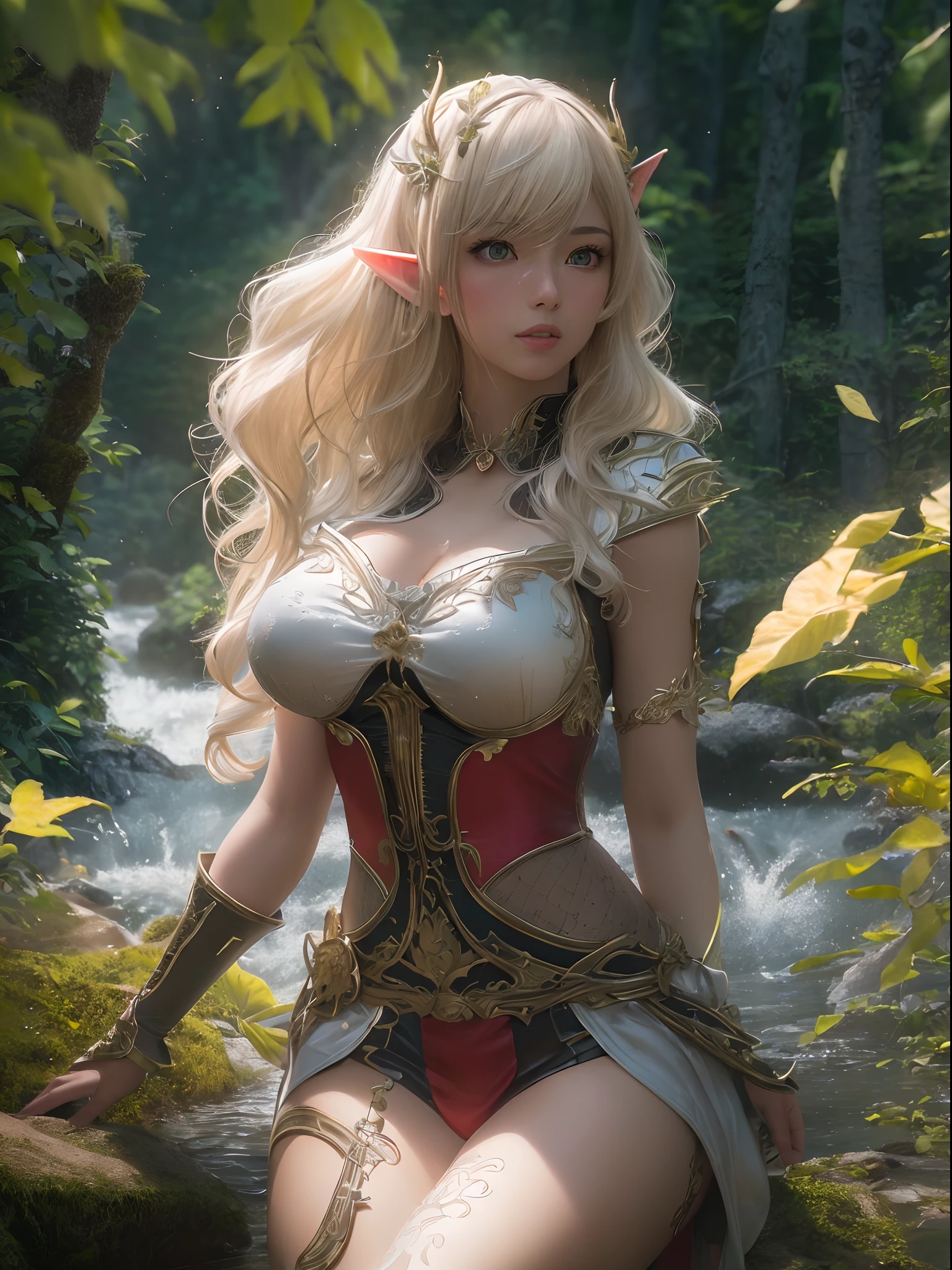 Beautiful Alluring female elf knight, Mythology Theme, Fantasy Theme, fair Skin, fair long blond braided hair, very small breasts, Inside A magical forest, Barely Clothed, bikini armor, Beautiful D&D Character Portrait, Beautiful Fantasy, Detailed, Digital Art, Extreme Detail, Polished, Beautiful, Hyperdetailed, Intricate, Elaborate, Meticulous, Anime Character, Detailed, Anime Face, Sharp Focus, Unreal Engine, 3d Rendered, Volumetric Lighting, Reflections, Glossy, Digital Illustration, Sensual Pose, Suggestive Pose, Full Body Shot, small perky breasts, anatomically correct 💖❤💕💋❣