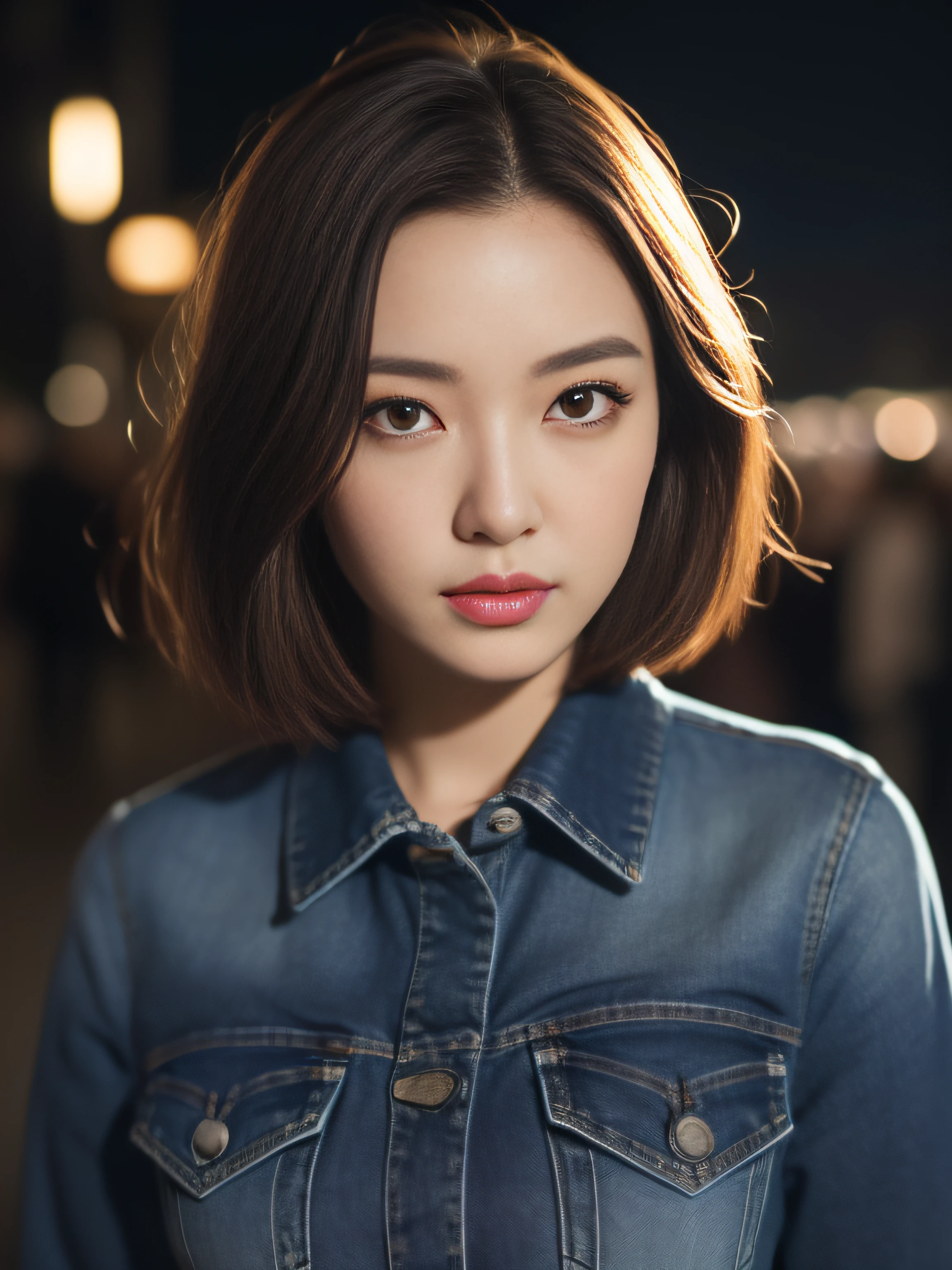 ((Best Quality, 8k, Best Masterpiece: 1.3, 8KRAW)), Woman One, Full Body, Perfect and Slender, Random Short Hair, (Blouse, Jeans: 1.1), Awesome, Super Detailed Face, Cool Woman, Cool Face, Detailed Lips, Detailed Eyes, Double Eyelids), Night City, Bright Lighting, Overhead View,