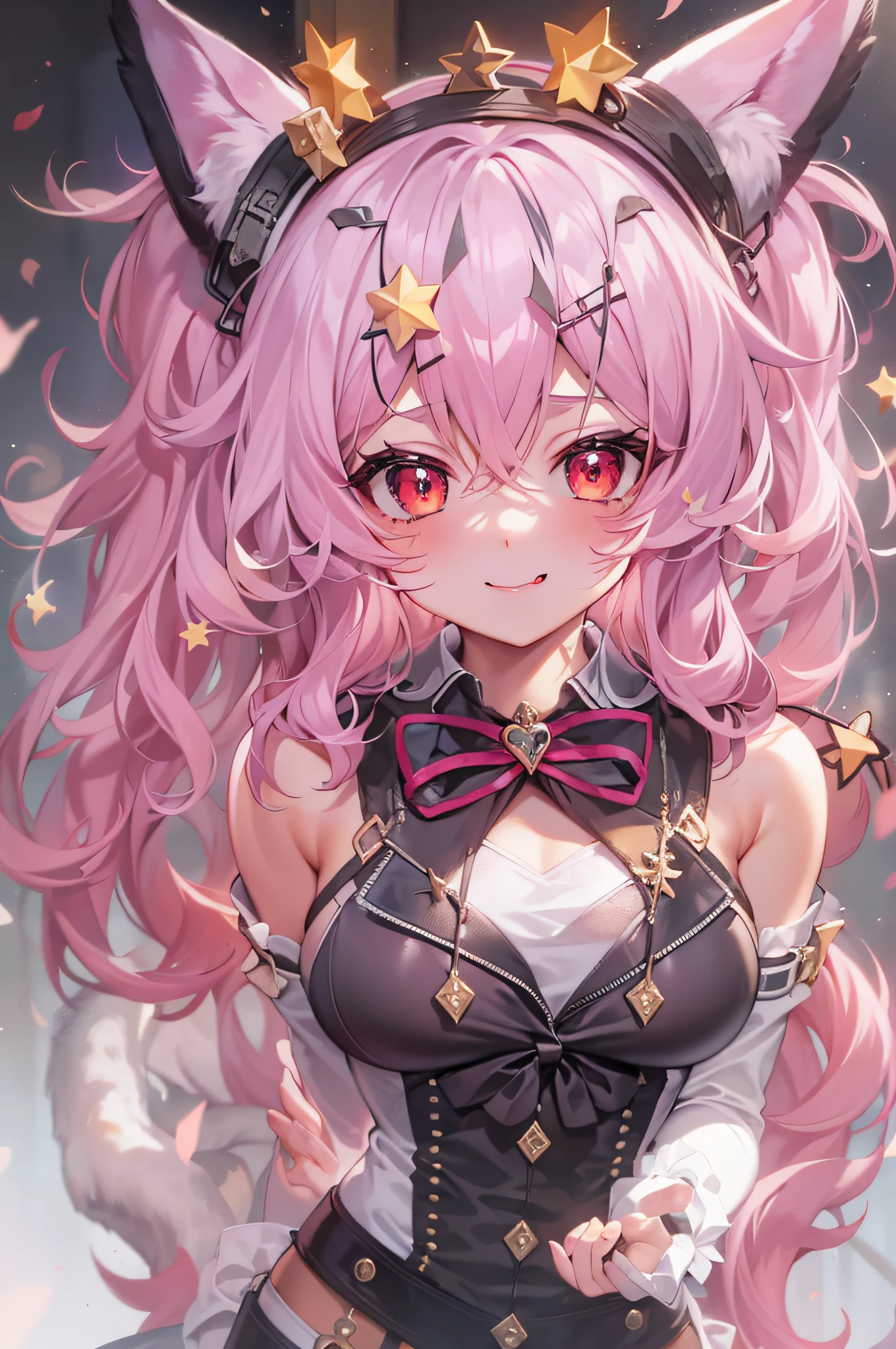 s girl, Stockings, black sock, White silk socks, Hands behind your back, Pink hair, ahoge, Big hair, hair adornments, shairband, Star-shaped pupils, Red eyes, Pink eyes, Evil smile, Smug, Fang, Anime style, hyper HD, Masterpiece, ccurate, Textured skin, Super detail, High details, High quality, Award-Awarded, A high resolution, 4K