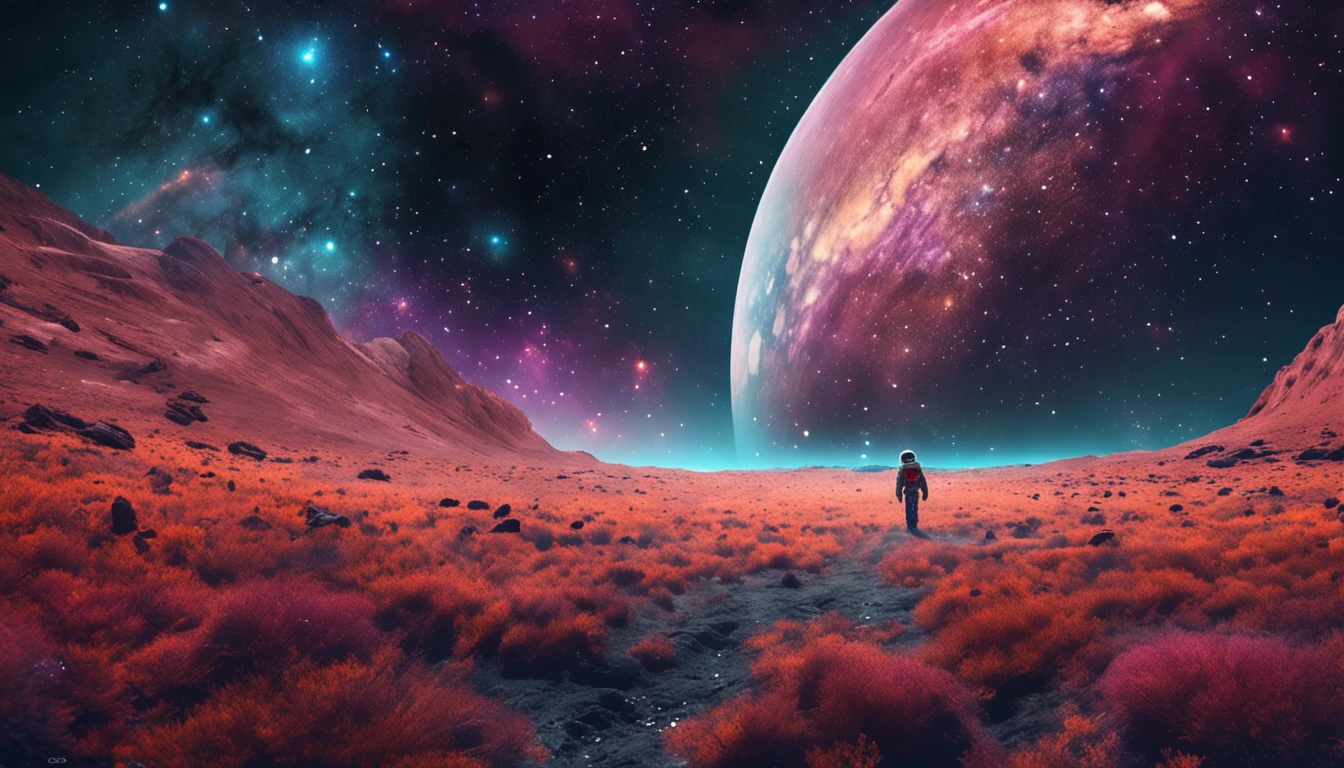 A lone astronaut drifts in the cosmic void, surrounded by shimmering stardust and distant galaxies. Capture the breathtaking vastness of space and the human spirit of exploration