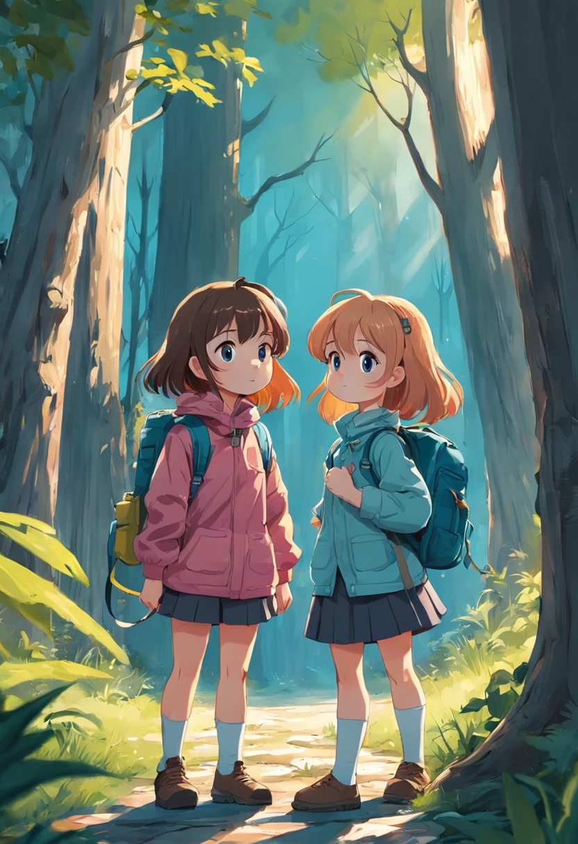 Cartoon boy and girl with backpacks standing next to each other, e meninaoon style illustration, children illustration, illustration of children's books, Directed by: Aleksander Gierymski, childrens illustration, illustration for children, illustration of children's books, official illustration, Directed by: Aleksander Kotsis, Directed by: Juan O'Gorman, Directed by: Líviusz Gyulai, childrens, found a bright crack in the trunk of a tree, children's book ilustration style, simples, fofo, luz da arvore.