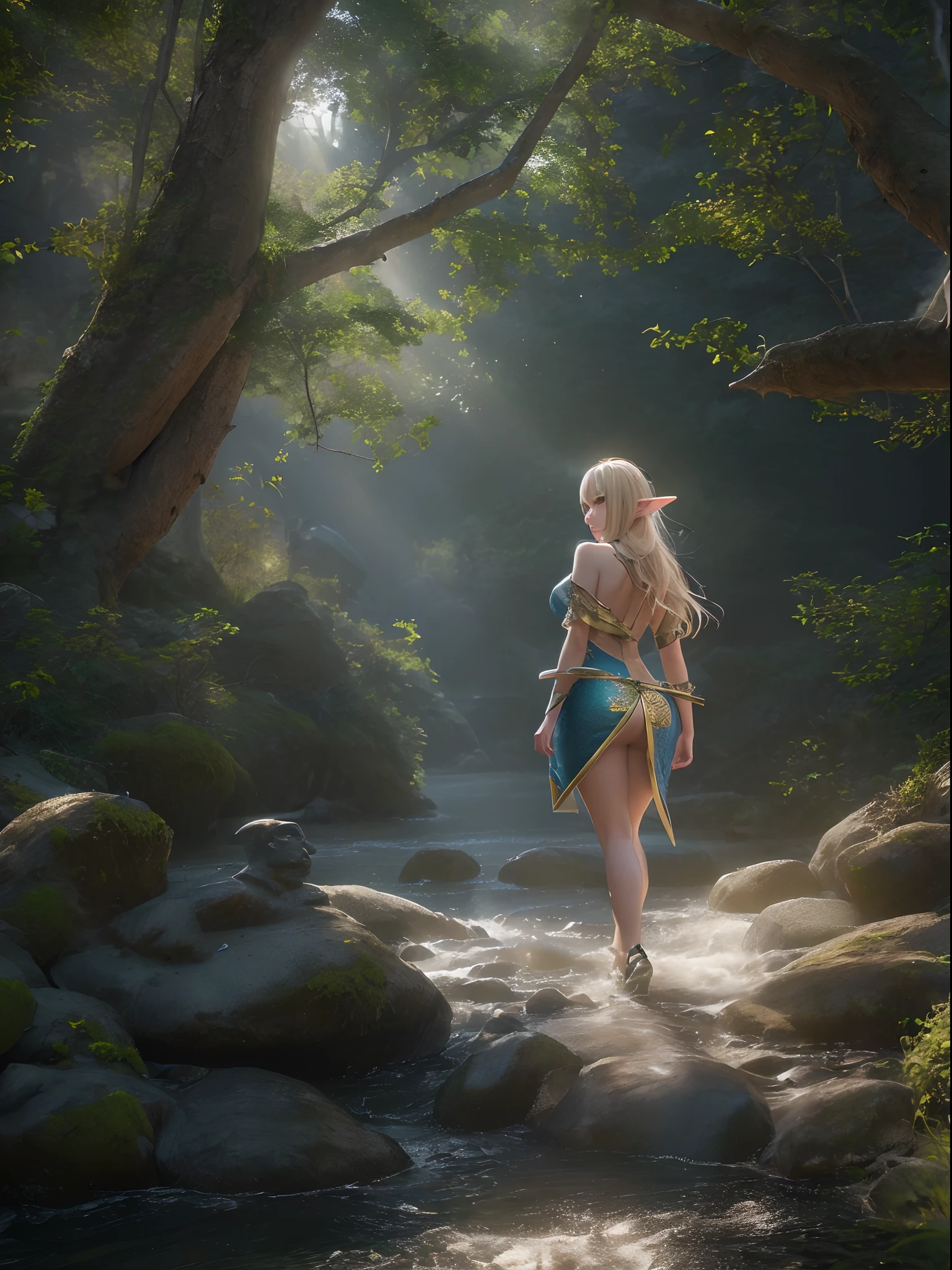 (masutepiece, High resolution, Photorealsitic:1.4), (An enchanting forest elf with a sensual and statue-like figure:1.3), (Wear short, tight-fitting clothes、Walk towards the river:1.2), (Blonde hair falling in the waves:1.2), (Rosy cheeks blushing with a hint of shy:1.2), (Surrounded by lush forests:1.2), (The tree々Sunlight coming in from between:1.1), (A sparkling river reflecting the landscape:1.1), (Gentle rustling of leaves in the background:1.1), (Canon EOS R5 mirrorless camera:1.2), (Paired with Canon RF 24-70mm f/2.8 L IS USM lens。:1.2), (Capture the realism of the moment:1.2), (Celebrate the magical charm of meeting the forest:1.2), (Captivating photos that bring fantasy to life:1.1), Cinematic, ultra-detailliert, Insane details, Beautifully color graded, Unreal Engine, degrees of freedom, Hyper-Resolution, Megapixel, cinematic lightening, Anti-aliasing, FKAA, TXAA, nffsw, SSAO, post processed, Post Production, Tone Mapping, .CGI, VFX, tokusatsu, insanely detailed and intricat, Hyper maximalist, Hyper realistic, Volumetric, Photorealistic, ultra photoreal, Ultra-detailed, Intricate details, 8K, super detailed, fulcolor, Volumetric lightning, nffsw, Realistic, Unreal Engine, 16 K, Sharp Focus, Octane render --v testp