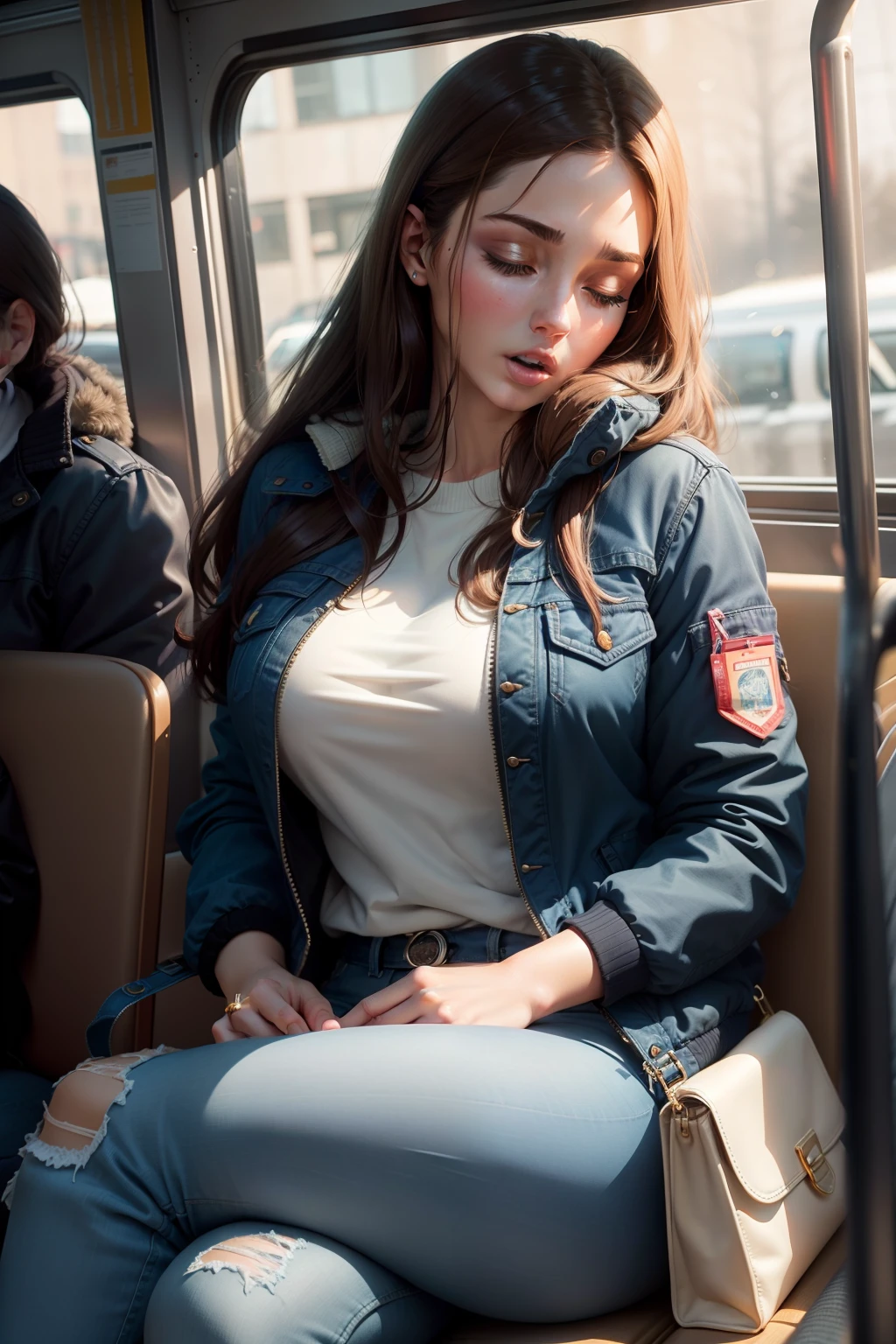1 beautiful, adult woman, large body, brown hair, outlined eyelids, made-up eyelids, made-up face, blue jacket, zippered bomber jacket, blue jeans, cream handbag, sleeping sitting on the bus, mouth wide open, eyes closed.