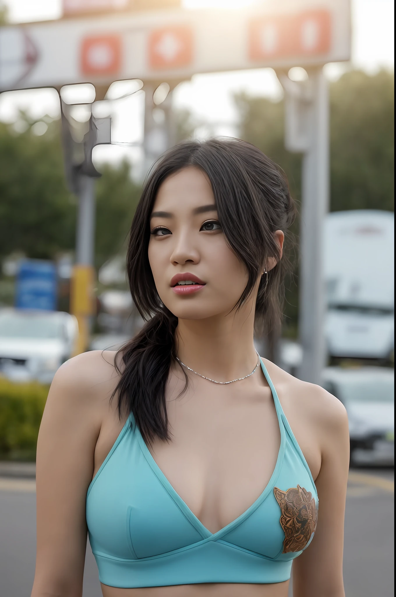 arafed woman with black hair sitting on a bed with a cigarette, roseanne park of blackpink, photoshoot, leaked image, casual pose, jossi of blackpink, jia, xision wu, aesthetic!!!!!! female genie, portrait of 😭 🤮 💕 🎀, aesthetic!!, cars around abandoned gas station sign made from a rocket beautiful blue sky Clutter-Home (AtomPunkStyleSD15:1.0), (masterpiece:1.2) (photorealistic:1.2) (bokeh) (best quality) (detailed skin) (intricate) (8k) (HDR) (cinematic lighting) (sharp focus) top over head & used 28 mm lens, front viewer, eye focus viewer