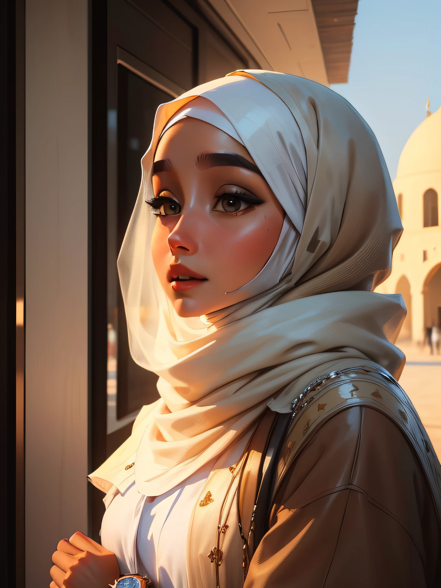 muslim woman wearing a tan hijab and a watch, white hijab, hijab, dilraba dilmurat, inspired by Fathi Hassan, inspired by Shaddy Safadi, milky white skin, zenra taliyah, portait photo profile picture, with accurate face, serena malyon, lovely woman, with cute - fine - face