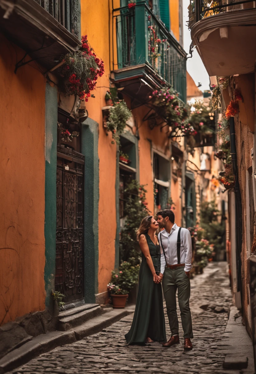 A imagem mostra um casal apaixonado, vestidos com roupas italianas elegantes. They are on a charming and narrow cobblestone street, surrounded by old and colorful buildings. The couple is holding hands, looking at each other with expressions of love and happiness. Ao fundo, It is possible to see a café with outdoor tables, where people are enjoying a cup of coffee or a plate of pasta. The atmosphere is romantic and charming, representing the love of Italian fashion.
