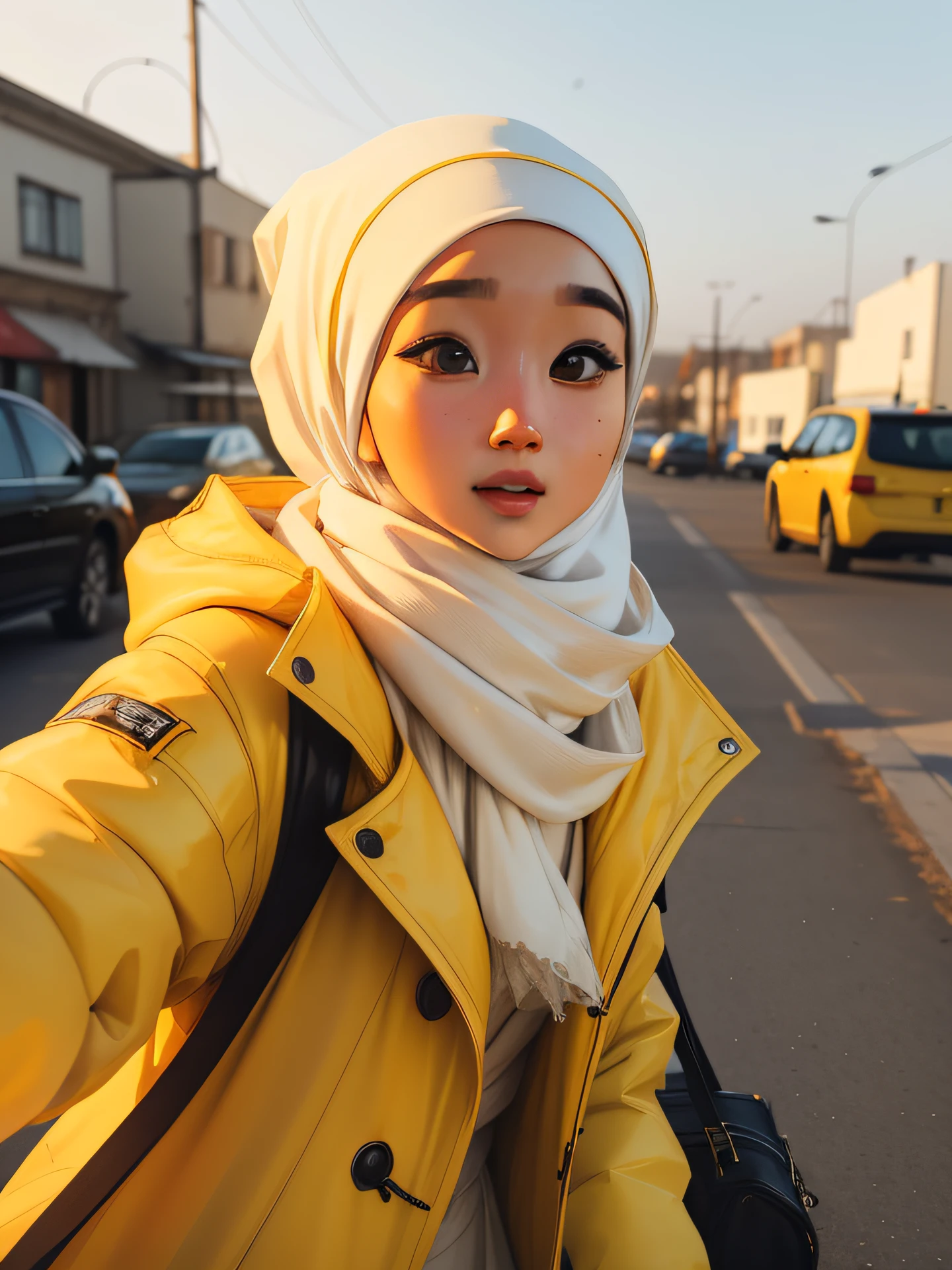 there is a woman wearing a yellow jacket and a white head scarf, ruan cute vtuber, white hijab, hijab, sakimichan, dilraba dilmurat, ulzzang, 8k selfie photograph, sakimi chan, with kind face, wearing wheat yellow gauze, headshot profile picture, with accurate face, siya oum, lovely woman