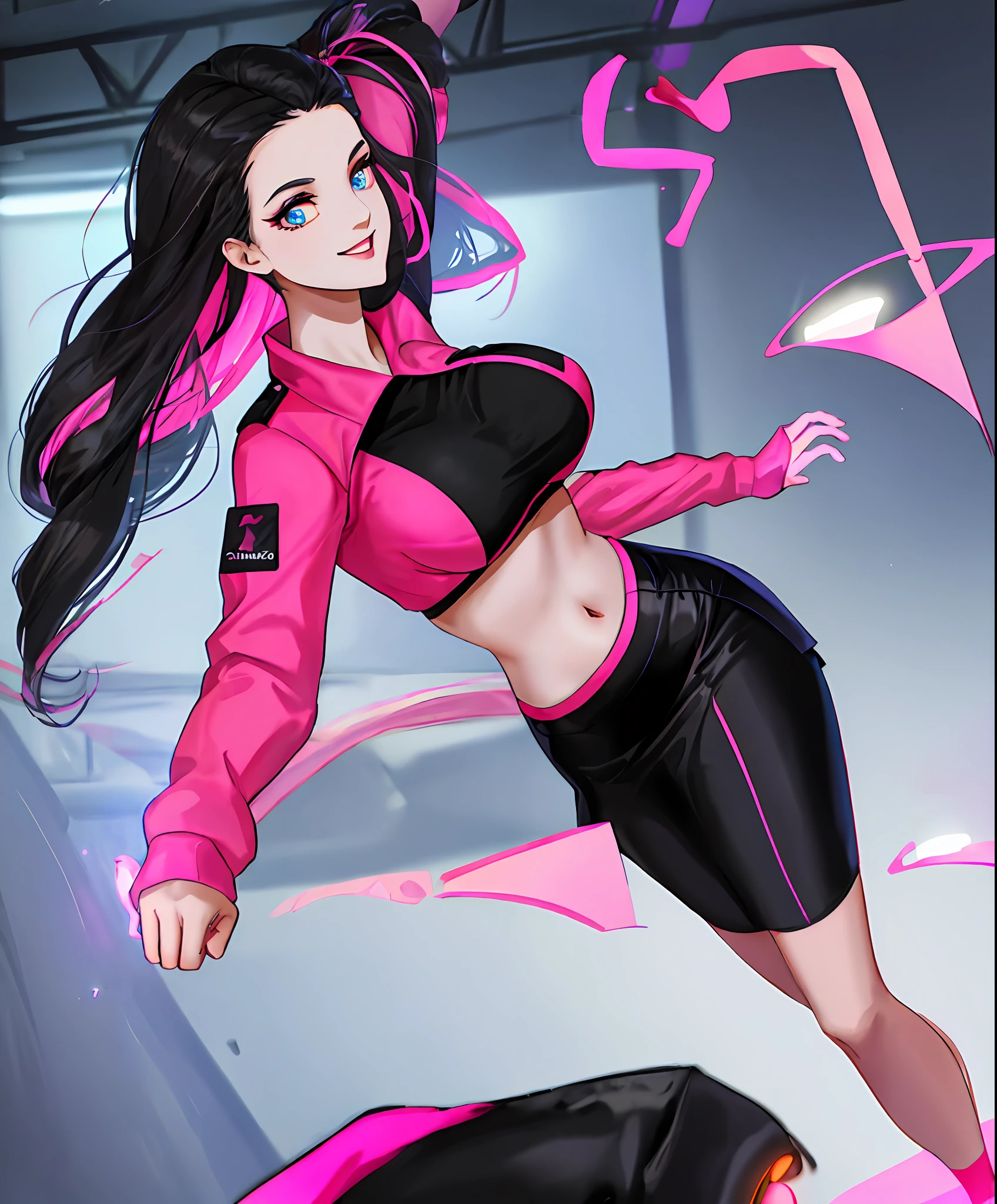 gothgirl, Long black hair, black crop top,Pink skirt,Black CPTPN leggings, cheerfulness, Dancing, Beautiful anime style girl all over, clean detailed faces, underdressing, analogous colors, Glowing shadow, beautiful gradation, Depth of field, Clean image, High quality, High detail, High definition, Luminous Studio graphics engine, Cute face, big breast, Slim waist, nice hip,