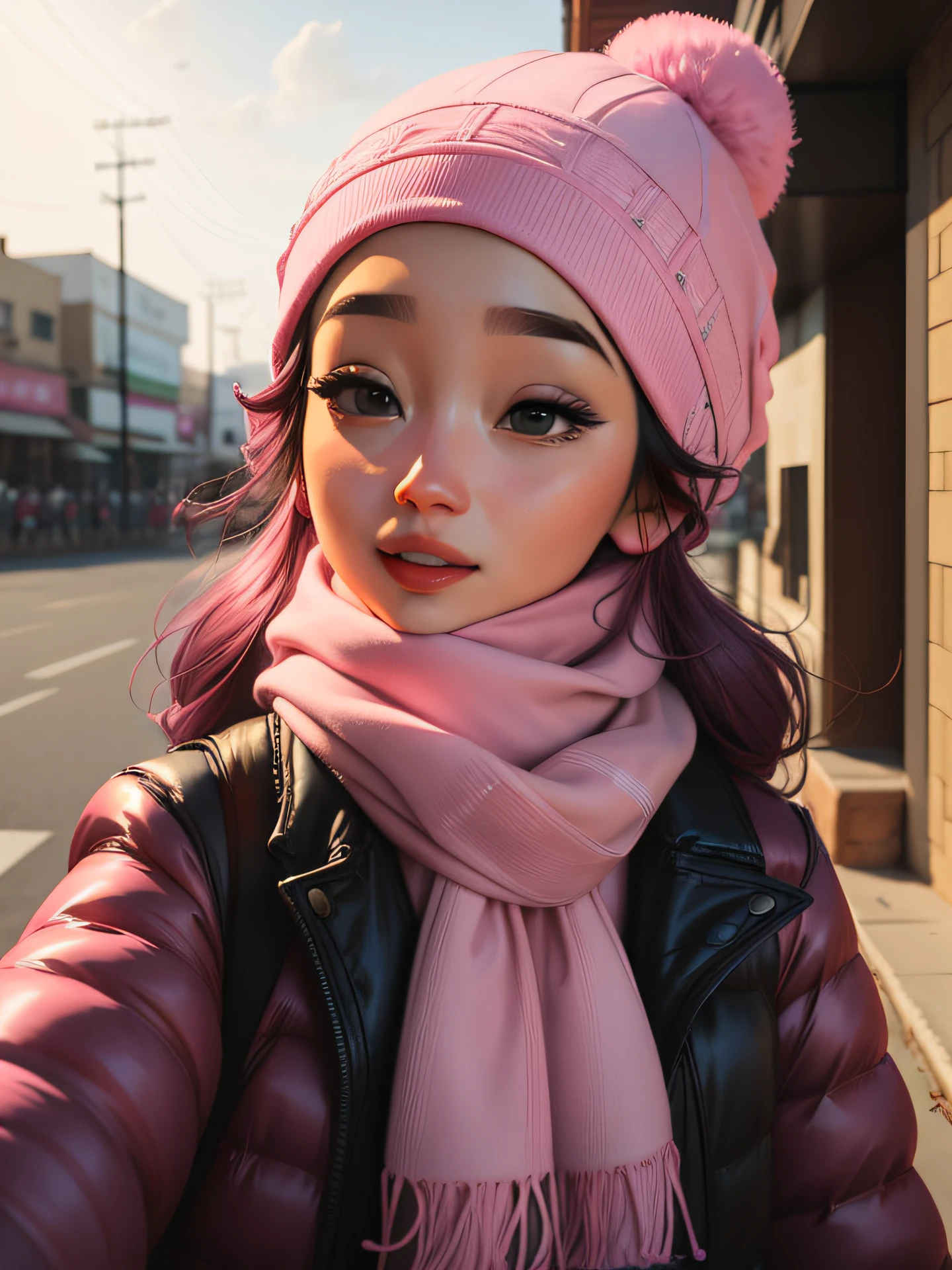 there is a woman wearing a pink hat and a scarf, with hat, with hijab, 8k selfie photograph, dilraba dilmurat, wearing a cute hat, wearing baseball cap, ((pink)), from 8 k matte, wearing a fisher 🧥, she is wearing a hat, inspired by Kim Jeong-hui, 🤤 girl portrait, inspired by JoWOnder