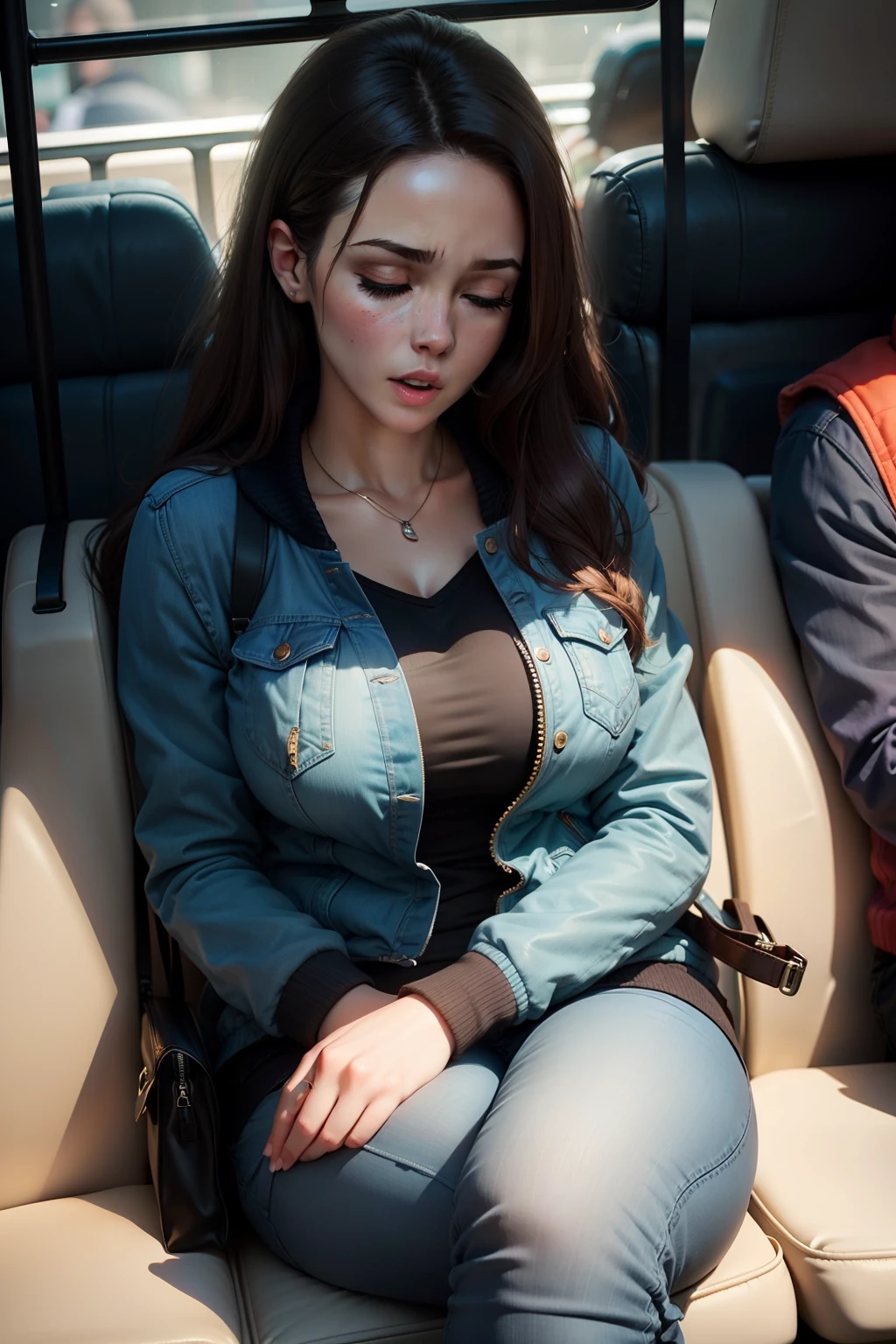 1 beautiful, adult woman, large body, brown hair, outlined eyelids, made-up eyelids, made-up face, blue jacket, zippered bomber jacket, blue jeans, cream handbag, sleeping sitting on the bus, mouth wide open, eyes closed.