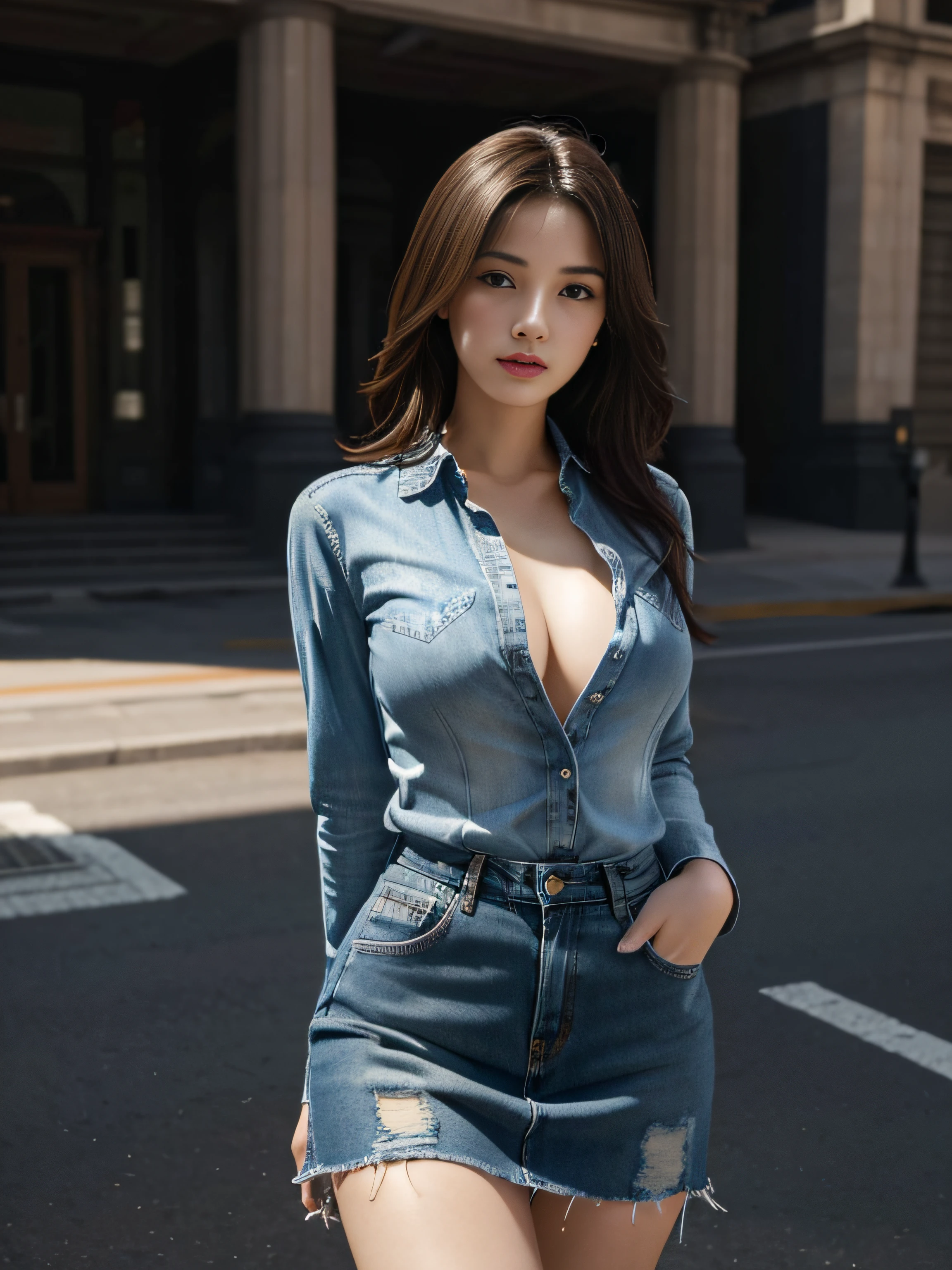 Best Quality, Masterpiece, Ultra High Resolution, (Realistic:1.8), Detailed Skin, (big breasts:1), Denim Skirt,