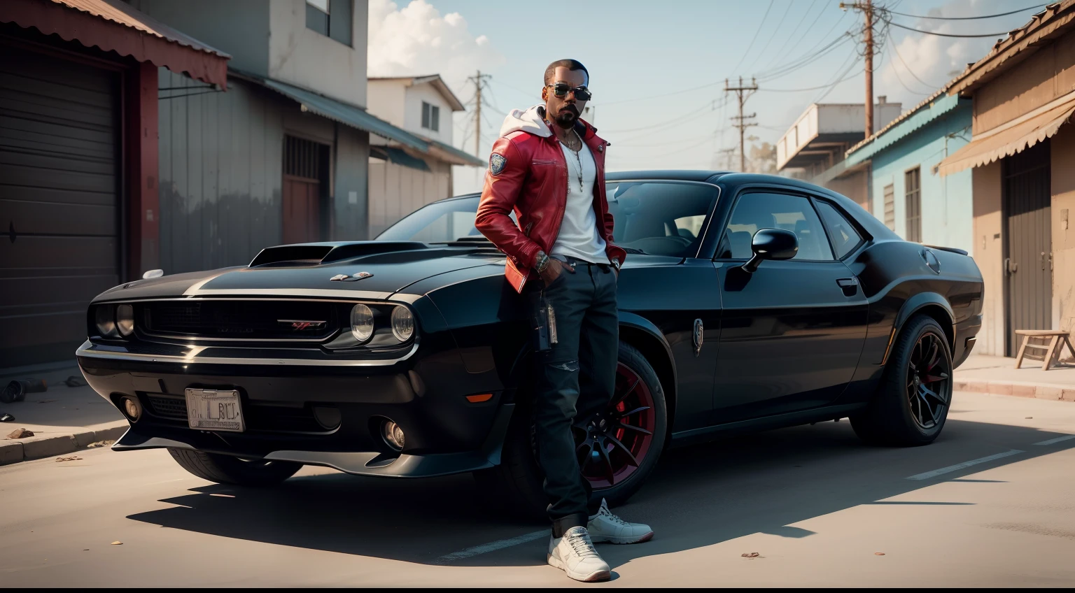 There's a man holding a gun on a wooden deck, gta personagem, Como o protagonista de GTA 5, GTA V Estilo, como um personagem de gtav, Kanye West em GTA v, drake em gta v, Estilo GTA5, gta v personagem, empunhando fuzil de assalto, Snoop Dogg em GTA V, gta 5 tom de pele, Jesse Pinkman em GTA v, jaqueta vermelha,AK-47 rifle, cenario de fundo uma favela estilo brasileira, e o personagem com cabelo vermelho,favela no Brasil, carro preto Dodge Challenger SRT Hellcat 2019,with Ak-47 rifle in hand,weapon in hand.