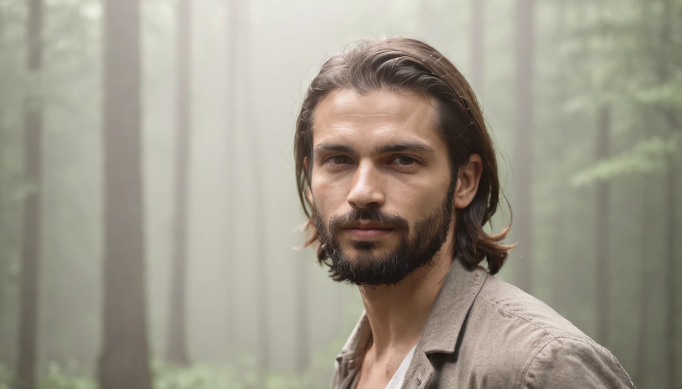 Homem idoso com barba e cabelos grisalhos, olhos tristes, fundo de floresta com neblina, raios de sol penetrando, shadows of trees with a river in the background, tamanho 3x2.