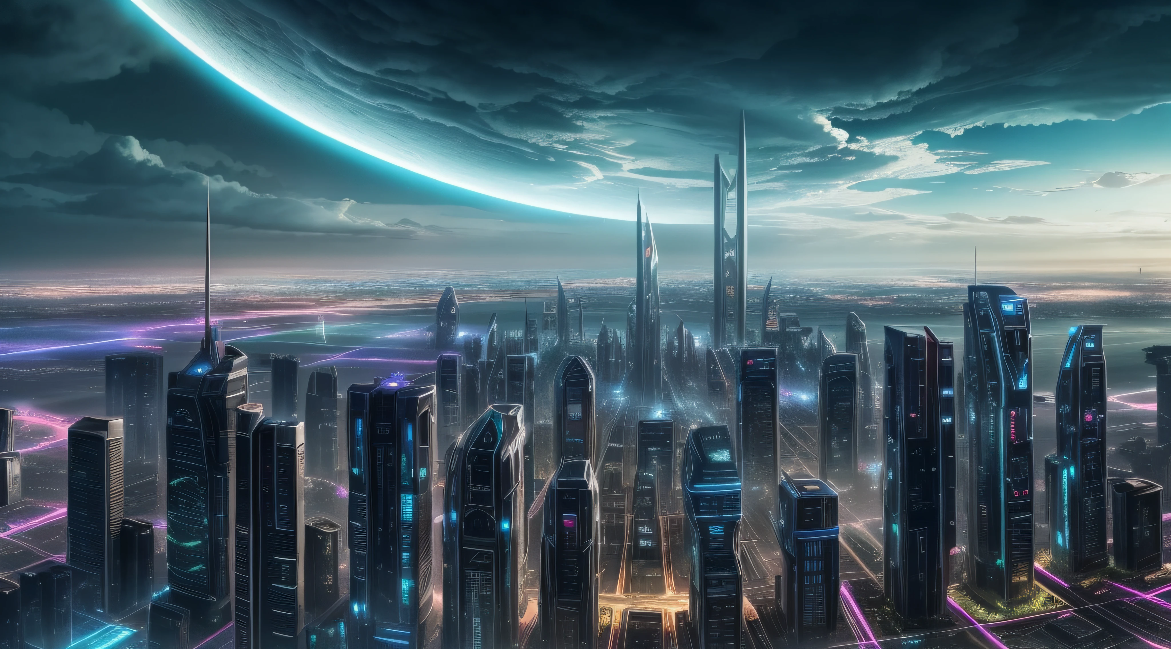 Close-up of city with sky background and sky with clouds, huge futuristic temple city, Sci-fi fantasy wallpaper, in fantasy sci - fi city, Sci-fi fantasy desktop wallpaper, otherwordly futuristic city, Science fiction city, empyrean city, Beautiful sci-fi art, depicted as a scifi scene, Beautiful city of the future