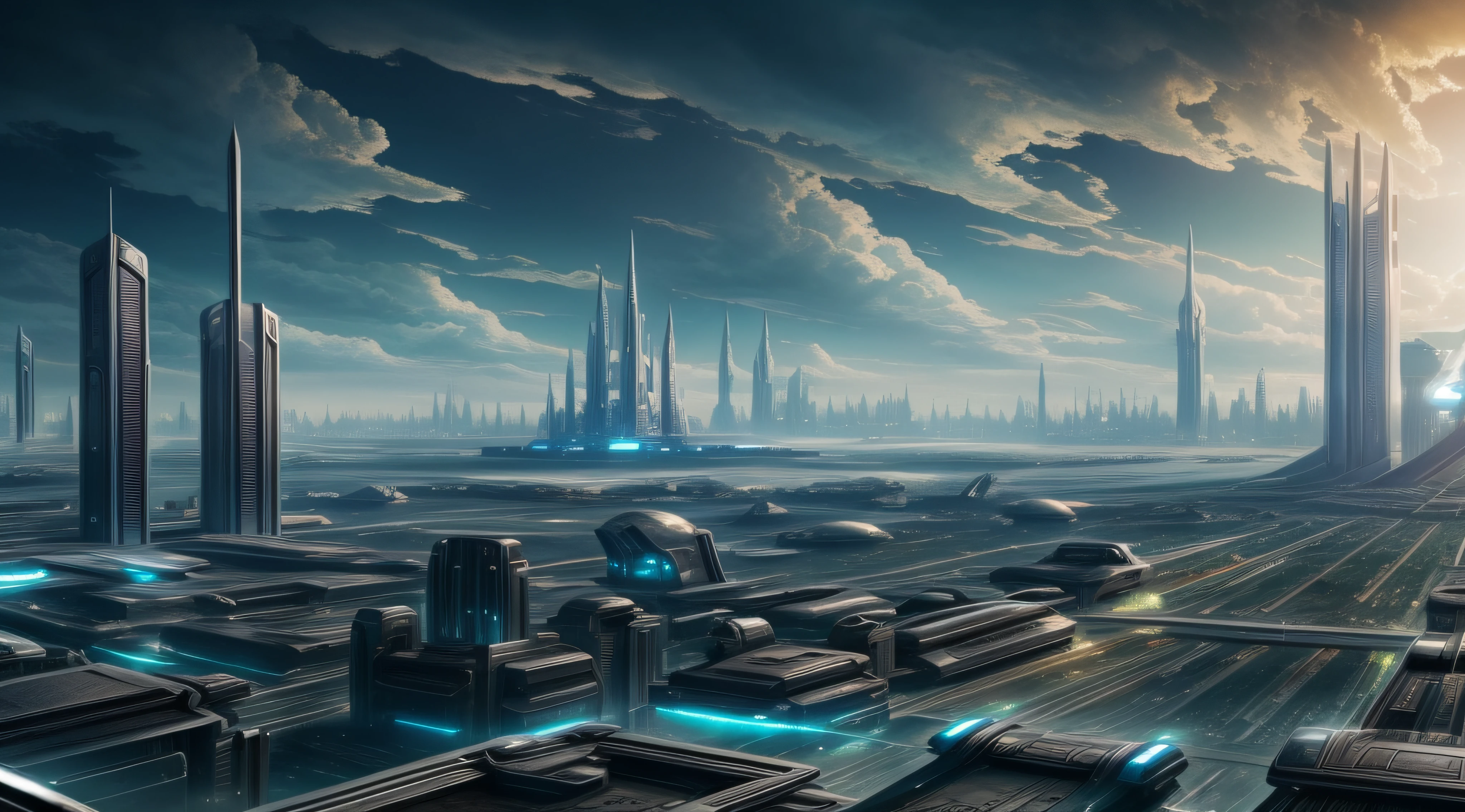 Close-up of city with sky background and sky with clouds, huge futuristic temple city, Sci-fi fantasy wallpaper, in fantasy sci - fi city, Sci-fi fantasy desktop wallpaper, otherwordly futuristic city, Science fiction city, empyrean city, Beautiful sci-fi art, depicted as a scifi scene, Beautiful city of the future