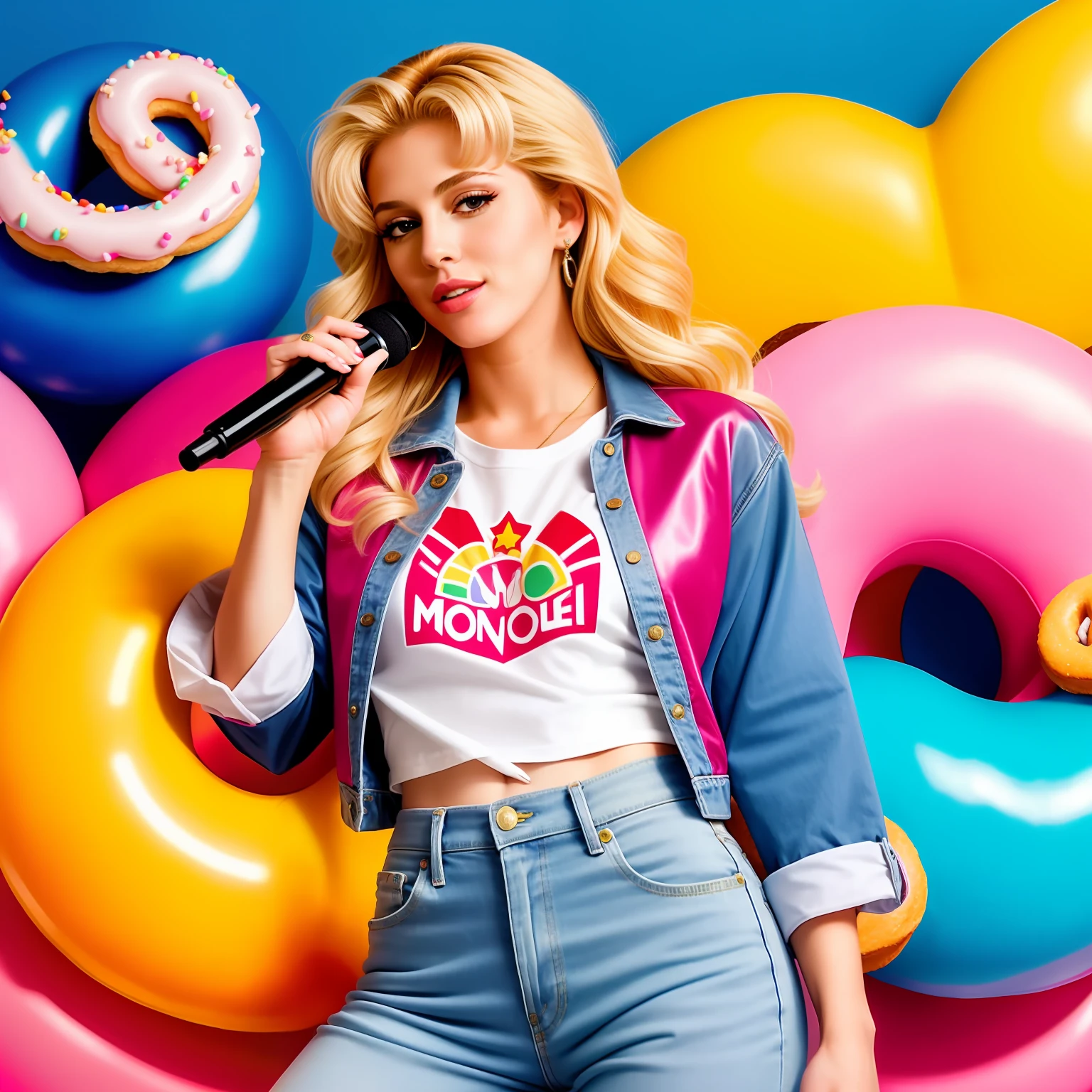 "(Mature and realistic portrayal:1.2) Sailor Moon exuding confidence as she holds a microphone, her blonde hair cascading down, adorned in stylish rainbow denim clothes from the 2000s, with a backdrop filled with donuts."