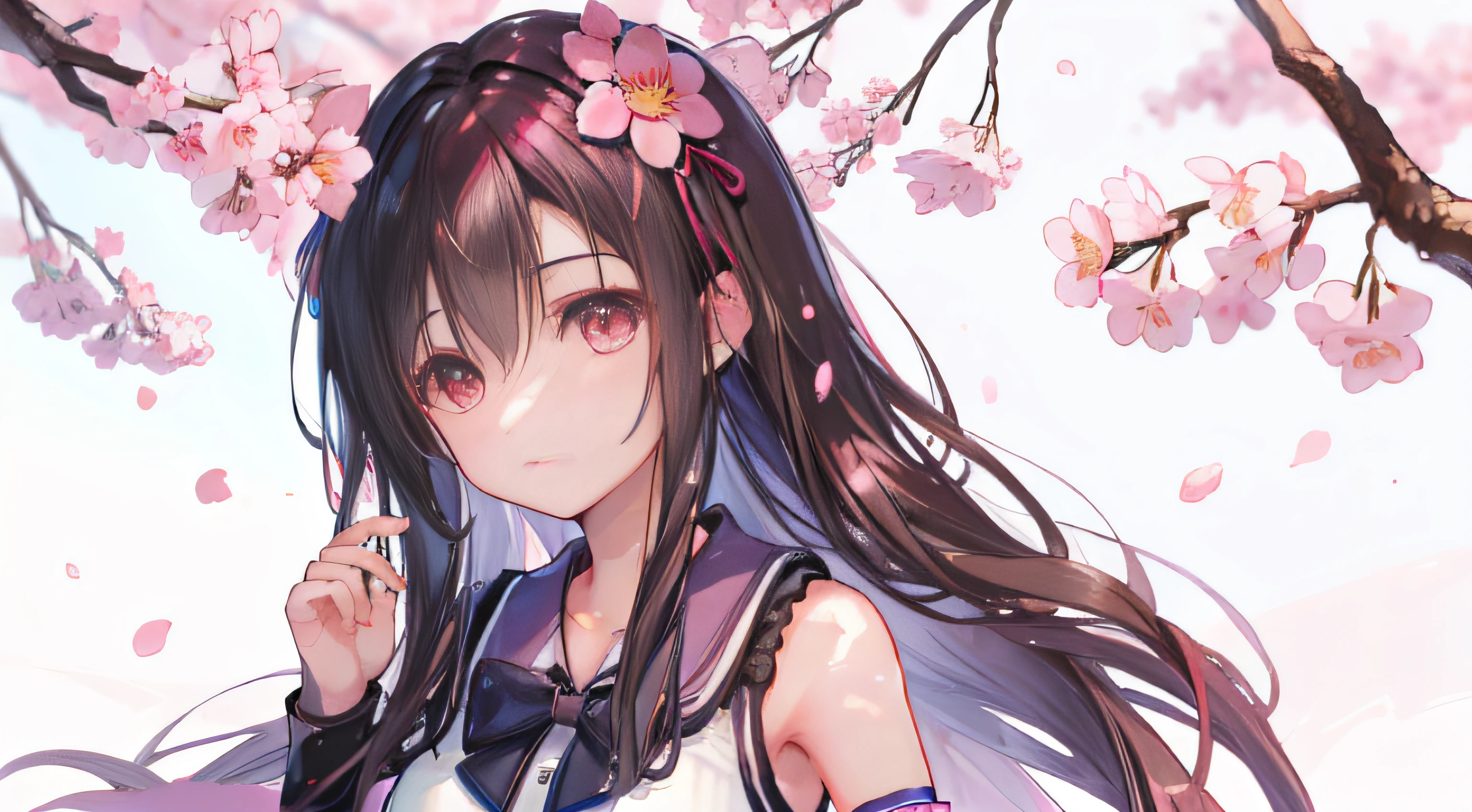 Anime girl with long hair and a bow in front of a cherry tree - SeaArt AI