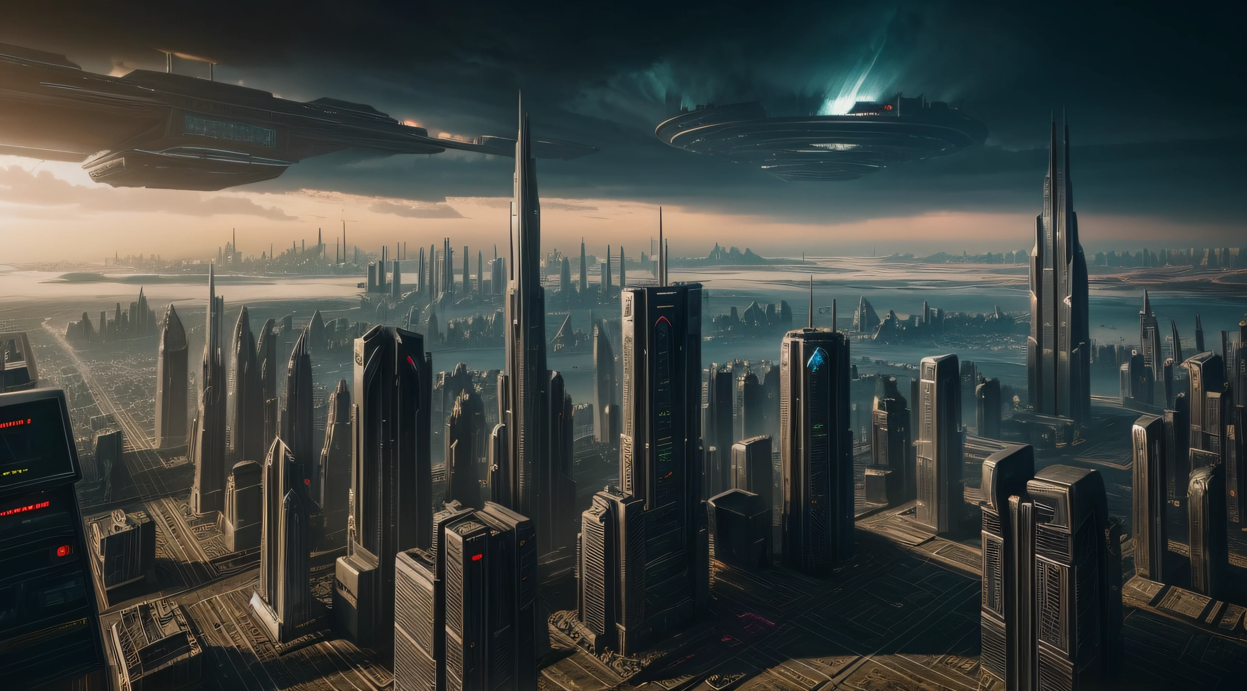 There are many high-rise cityscapes in the sky, an alien city, an alien cityscape, huge futuristic temple city, in fantasy sci - fi city, alien city, ancient sci - fi city, luminescent matte painting, Science fiction city, greg beeple, otherwordly futuristic city, Sci-fi matte painting, Alien megacity