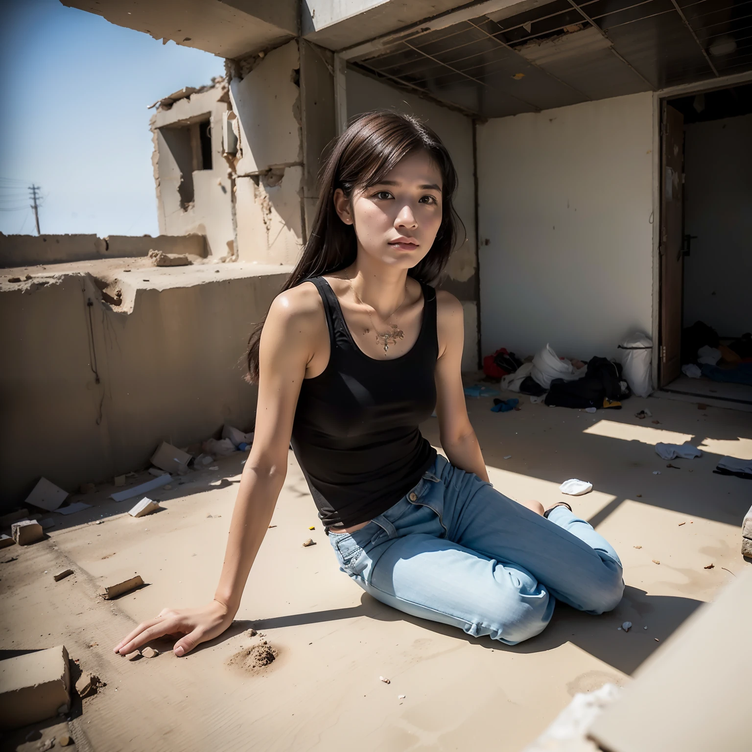 （8K分辨率，Photo above the thigh，Sideways photo of kneeling sitting），（1womanl，20yr old，（（Face with thin bones，The face of vicissitudes，unkempt，详细的脸）），（Messy long hair），（Praying gaze，Look into the camera），Rough, broken skin，（Covered with dust and dirt），Barren breasts，（Dirty sleeveless T-shirt，（torn outfit，Clothes covered with stains，No corsets），（Worn-out shorts），（A thin body），Handguards for rag strips，Scrawny body，（Dirty body，sat on the ground），perfect hand，Ultra-fine clothing material），（（Remains Cliff，（Ruins of war），（Walls full of craters）），Brutal civilian survival，Garbage everywhere，Exquisite environmental details）），（Professional lighting，动态照明），（（The color is uniform，（white colors，brown pubic fur，black in color，greys））），（Golden section，Cinema lenses，Hasselblad photograp，tmasterpiece：1.3），（End-time survival，Brutal war survival，Artis，Art platform）