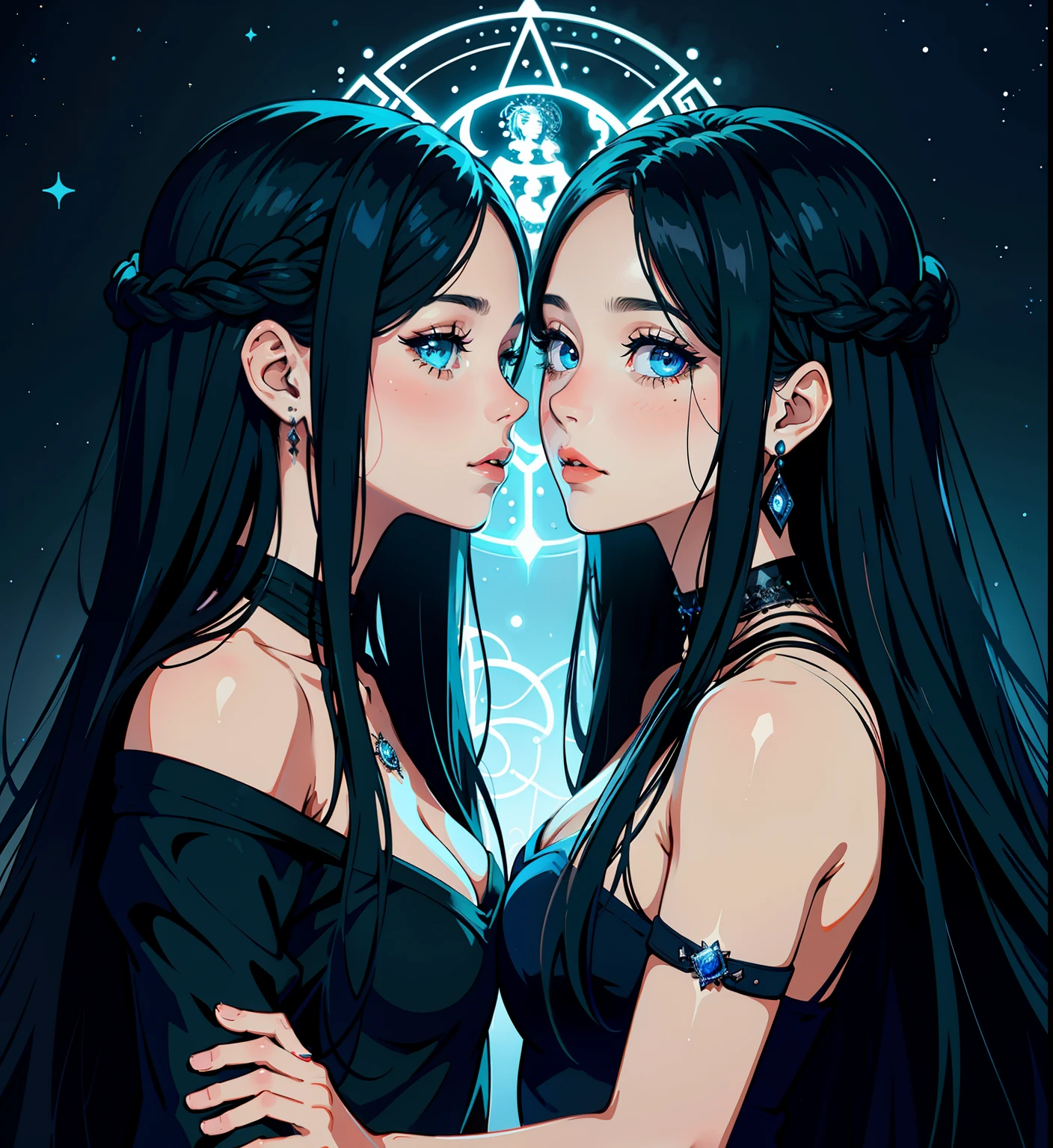 adesivo, fundo simples, portrait, 2 girls, couple, kissing, girl with long hair, beautiful hecate girl, hecate aesthetic, beautiful girl, very beautiful fantasy art, beautiful and elegant female hecate, beautiful detailed fantasy, black and blue color palate, black color-theme