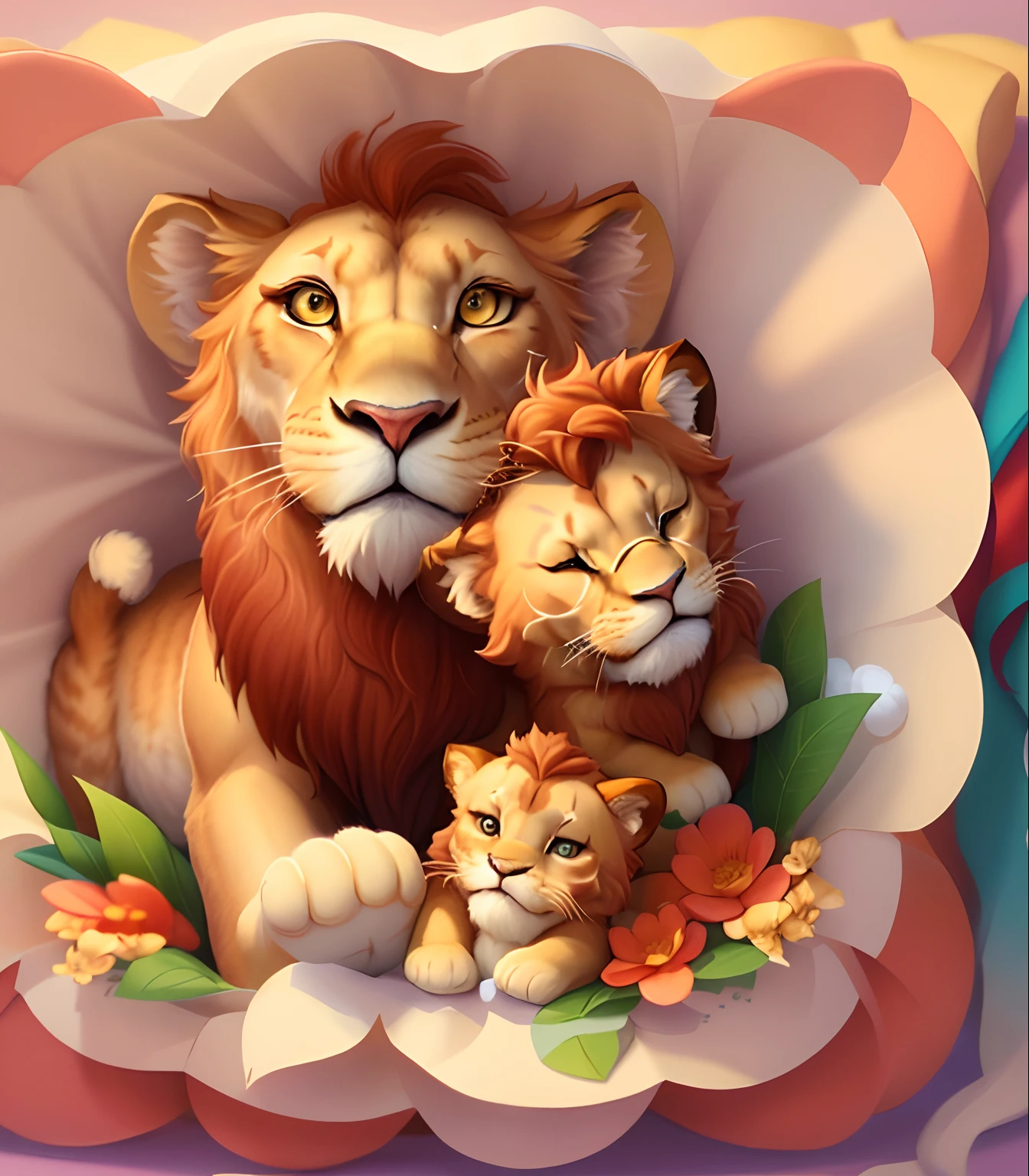 There is a cake with the image of a lion and two cats, adorable digital painting, cute detailed digital art, Cute lion, lions, Cute digital art, cute detailed artwork, realistic illustration, Realistic scene, ultrarealistic illustration, amazing art, digital cartoon painting art, cartoon digital painting, ProCreate illustration, Soft Digital Painting, soft and fluffy, Fan art