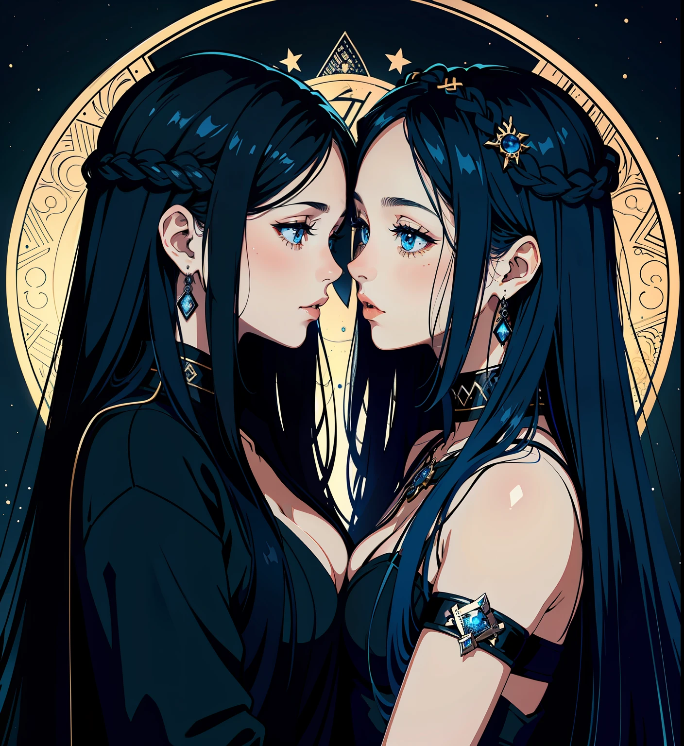 adesivo, fundo simples, portrait, 2 girls, couple, kissing, girl with long hair, beautiful hecate girl, hecate aesthetic, beautiful girl, very beautiful fantasy art, beautiful and elegant female hecate, beautiful detailed fantasy, black and blue color palate, black color-theme