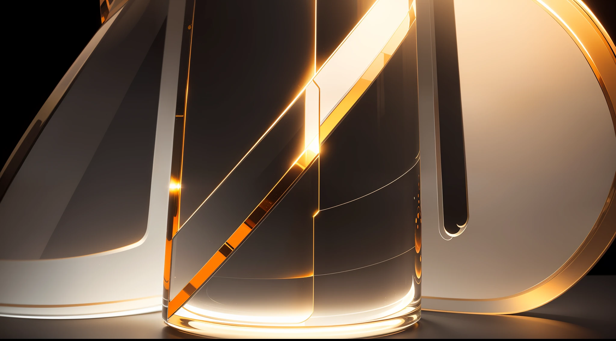 Two pieces of circular glass overlapping, thin glass, front and back relationship, one transparent, one frosted, and one with gold border, with a style of edge light, ethereal composition, dark white and light orange, close-up, smooth and curved lines, solid dark background